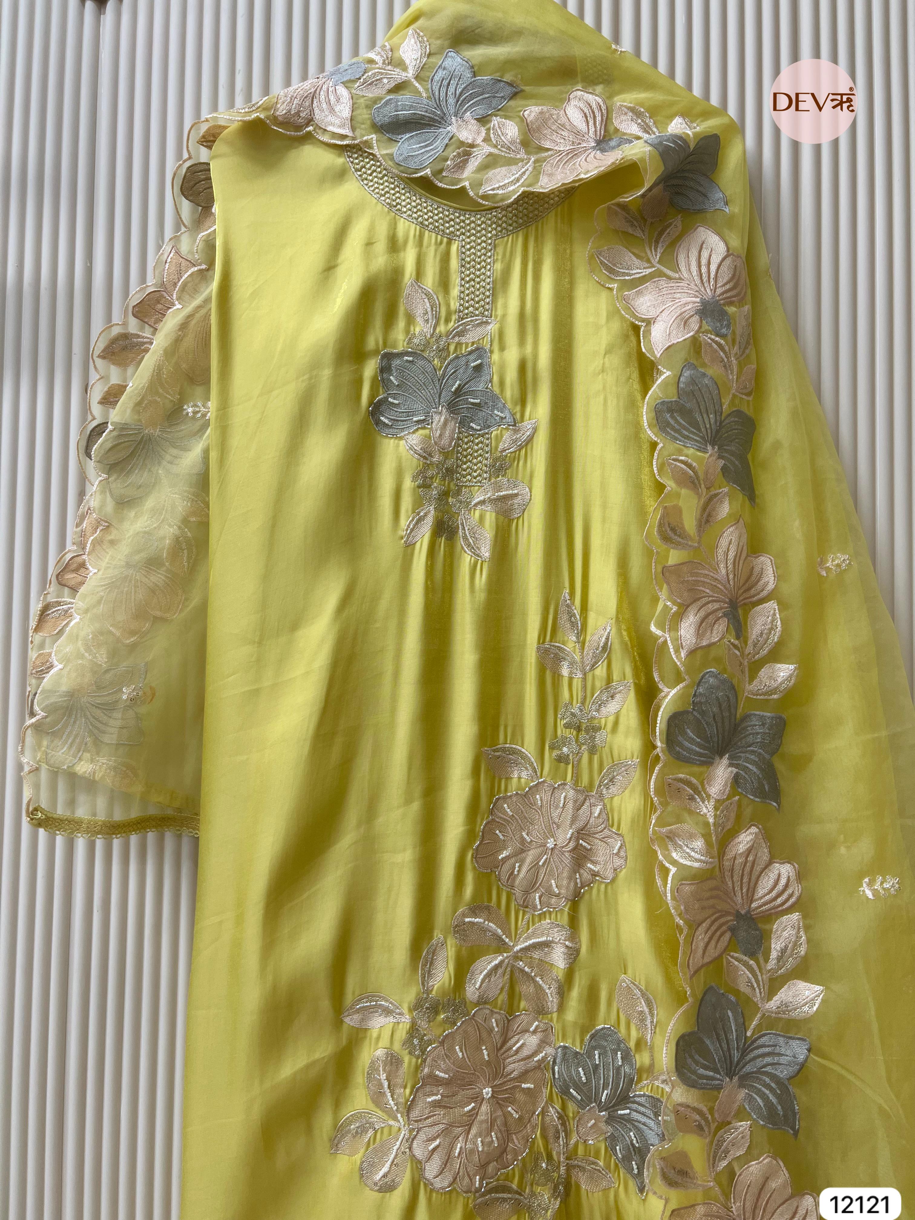 Yellow Organza Silk Unstitched Hand Embroidered -Set Of 3 - {12121}