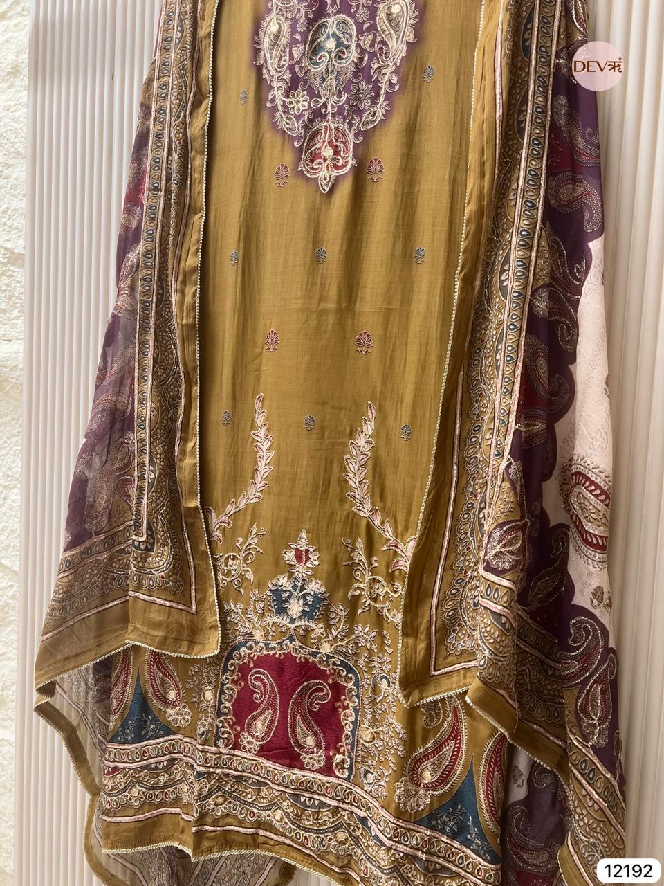 Olive Muslin Embroidered Unstitched 3-Piece Suit (Devri – D.No 12192)