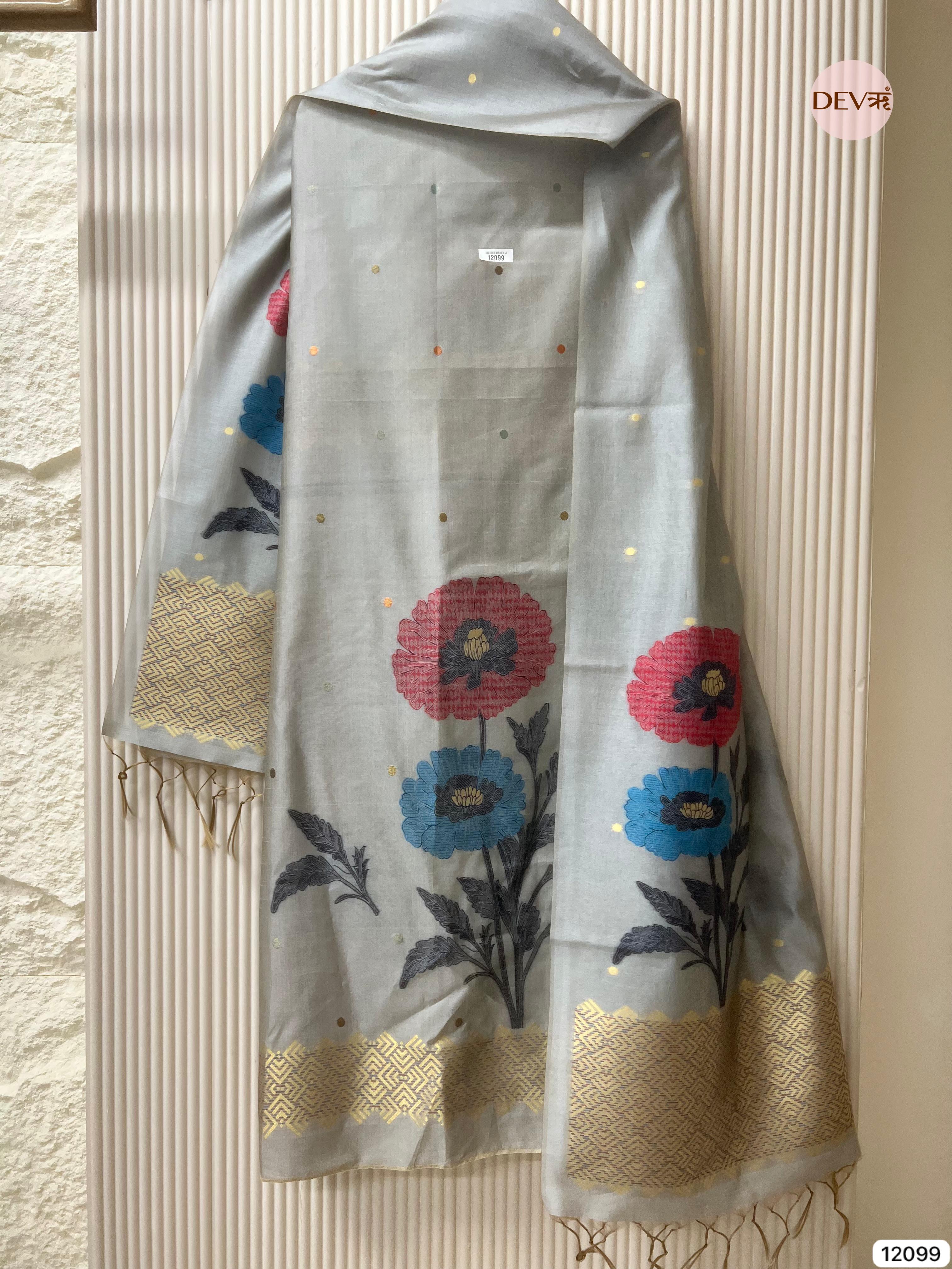 Grey Banarasi Khadi Silk Unstitched -Set Of 3 - {12099}