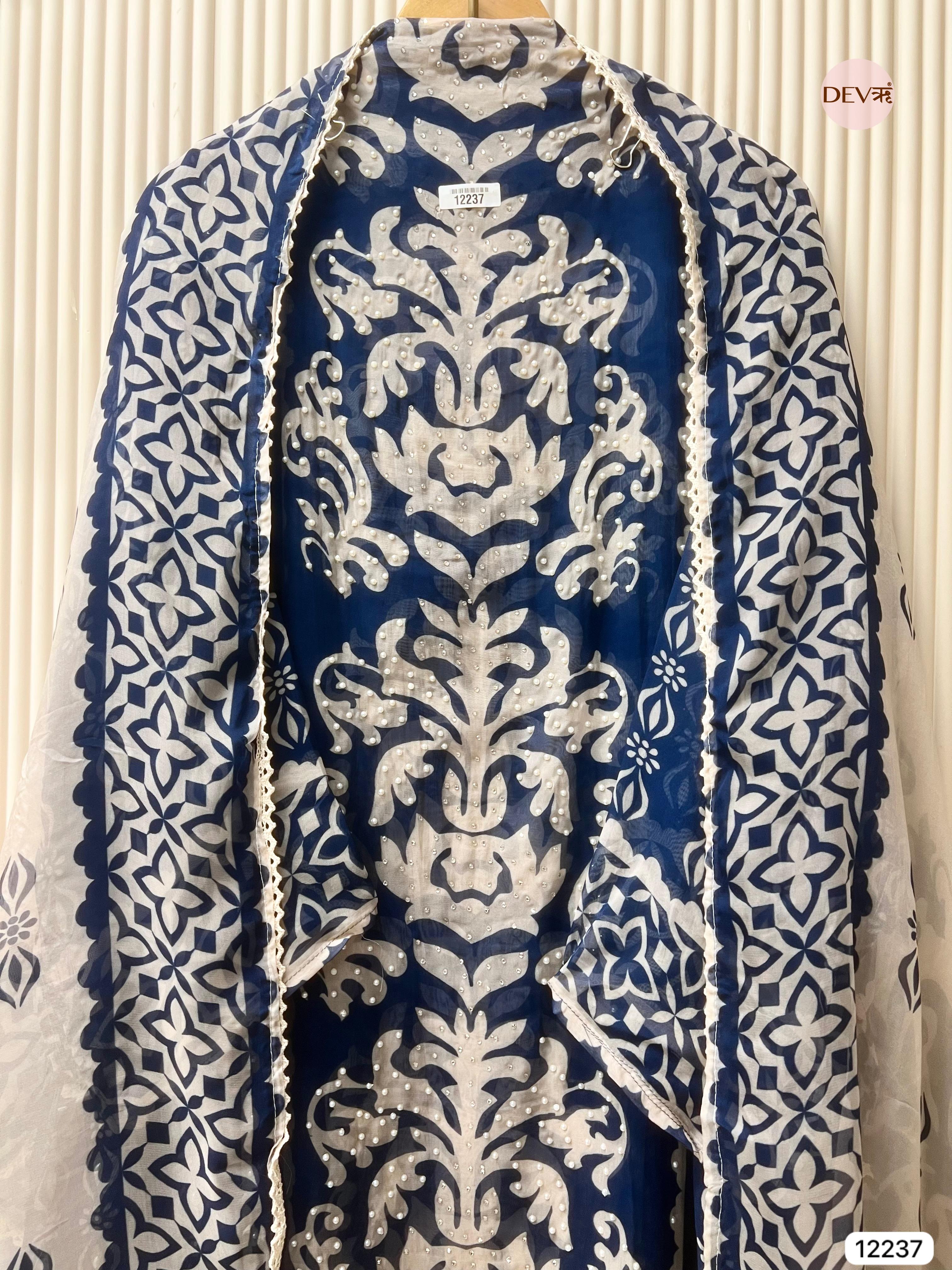Navy Organza Printed Unstitched 3-Piece Suit (Devri – D.No 12237)
