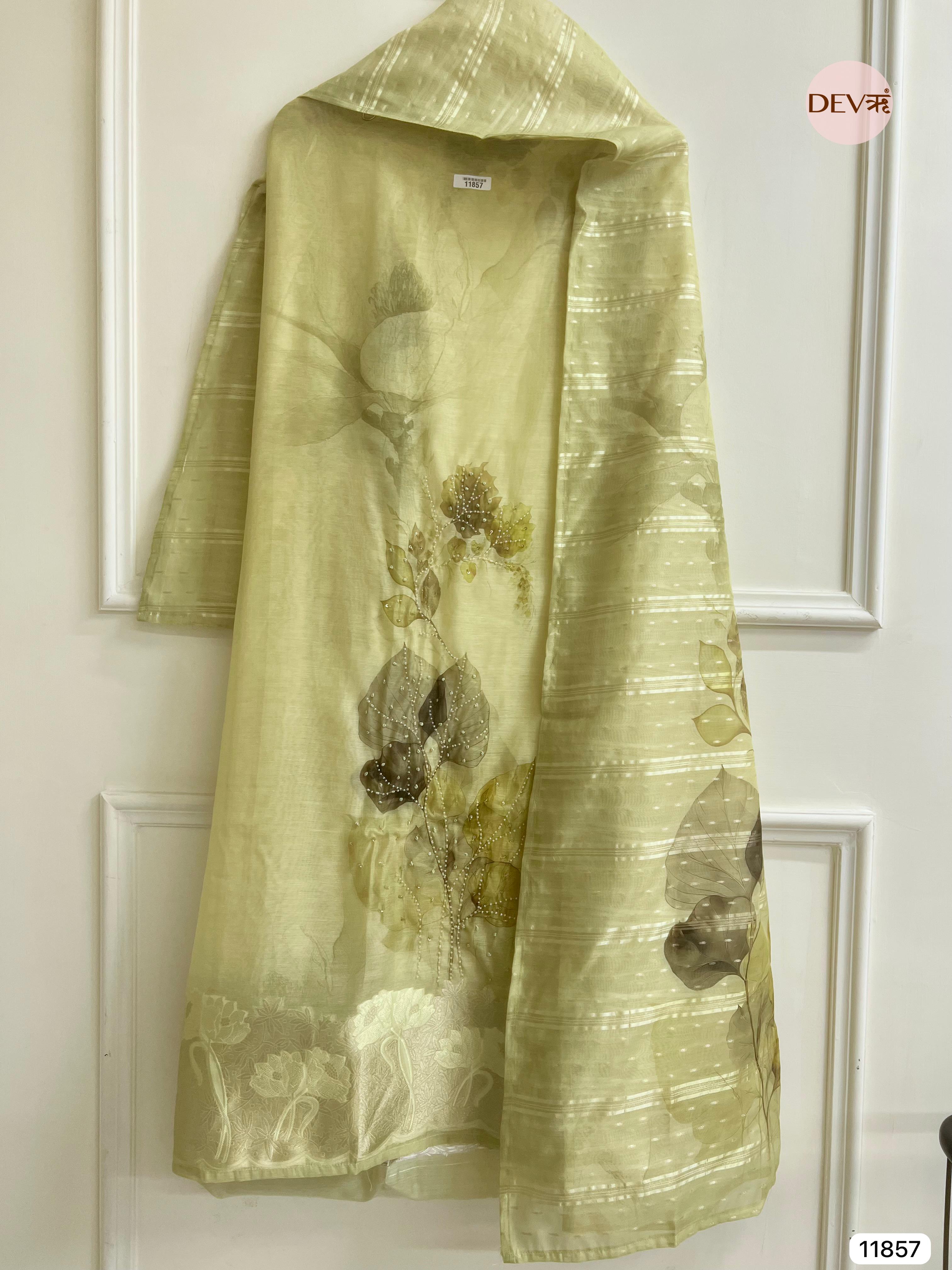 Green Jamdani Silk Unstitched Printed Woven Hand Embroidered -Set Of 3 - {11857}