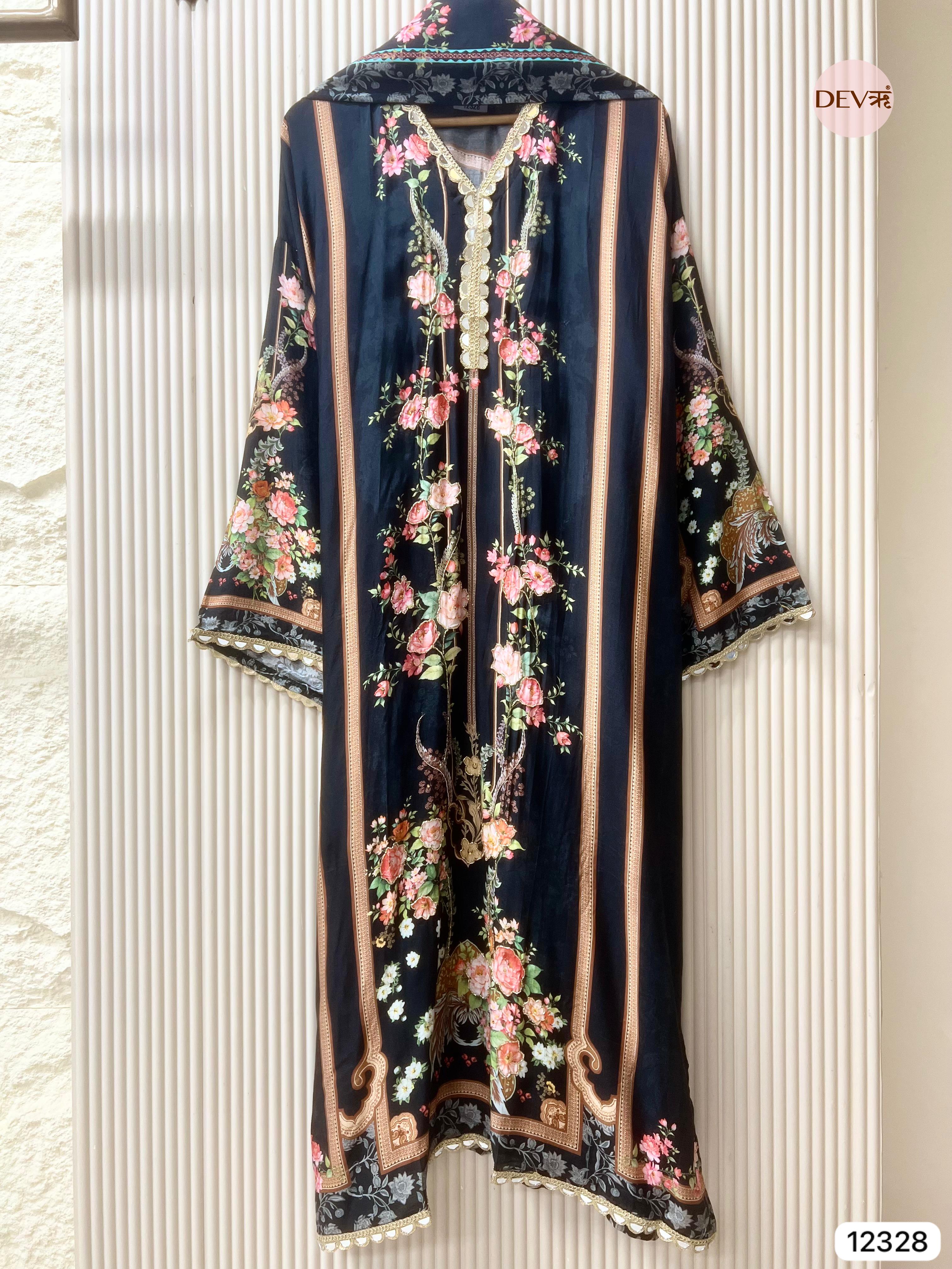 Deep Navy Muslin Printed Unstitched 3-Piece Suit (Devri – D.No 12328)