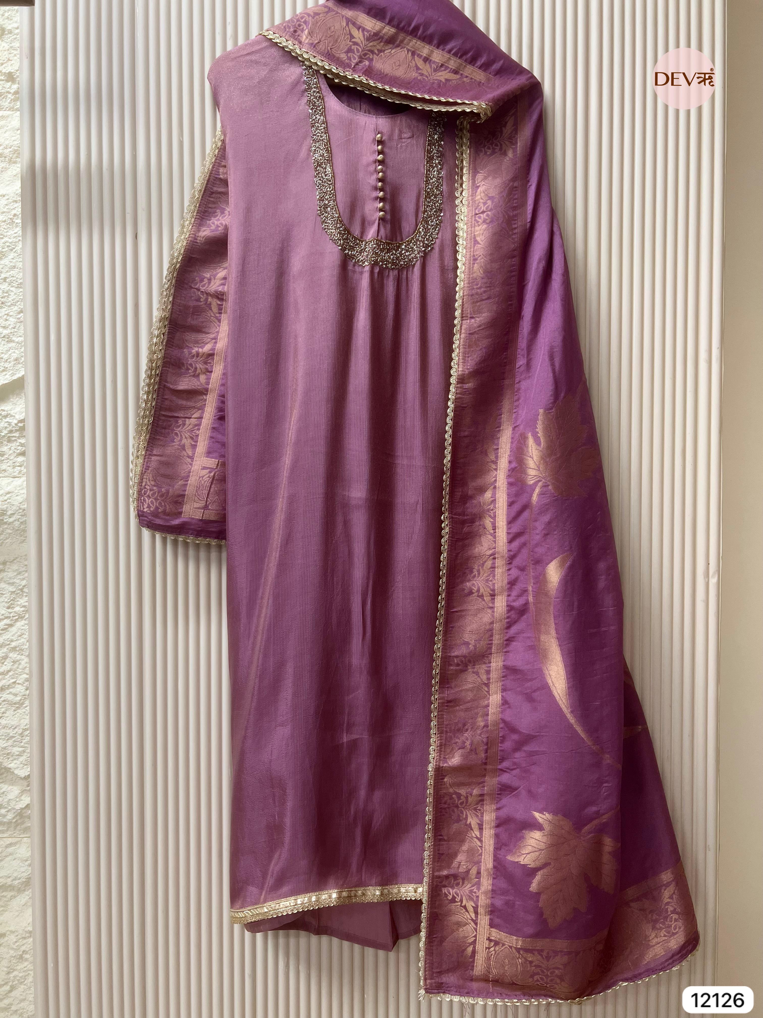 Purple Shimmer Silk Unstitched Hand Embroidered -Set Of 3 - {12126}