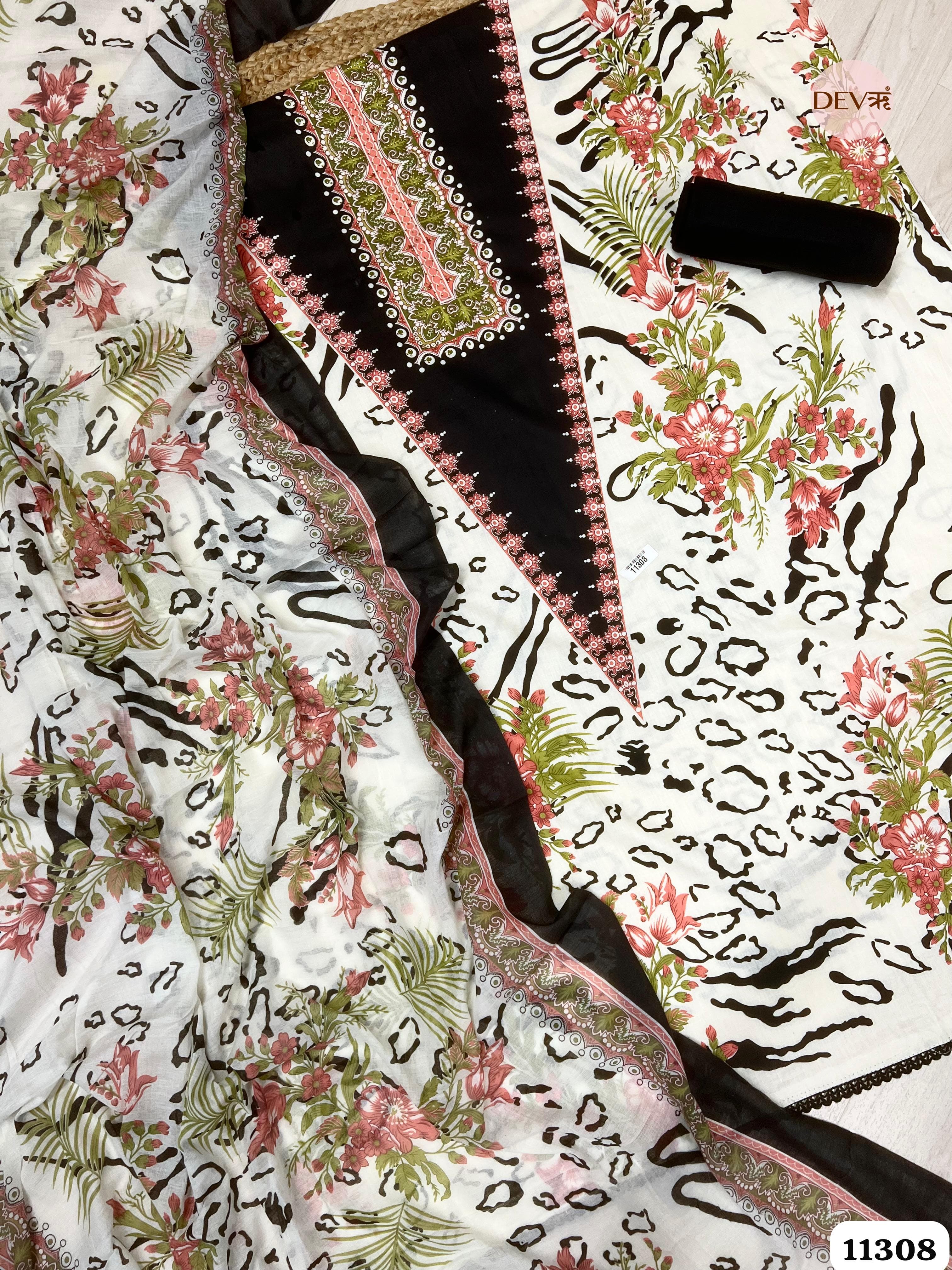 White Cotton Printed Unstitched-Set Of 3 {11308}