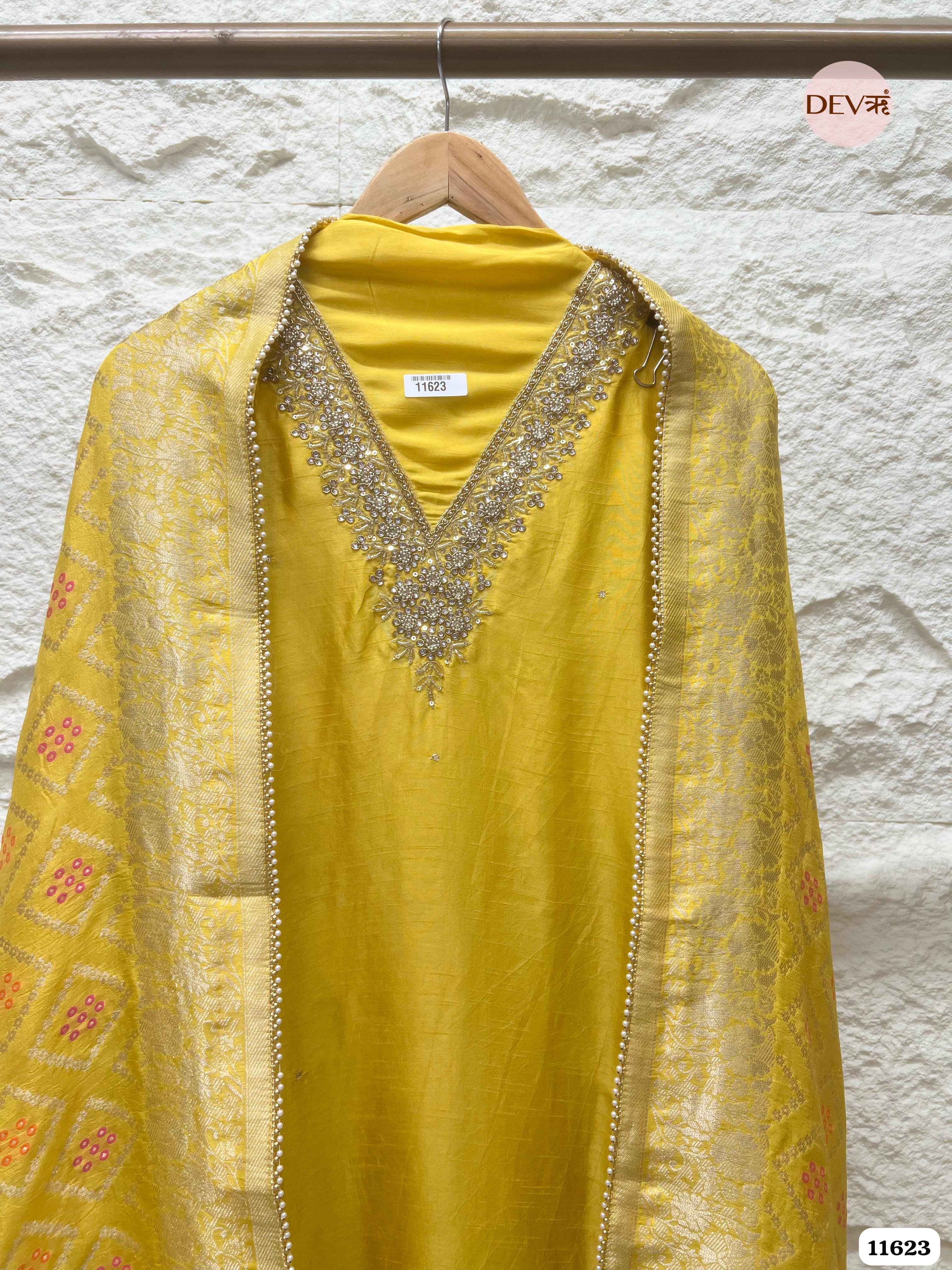 Yellow Pure Russian silk Unstitched Hand Embroidered -Set Of 3 {11623}