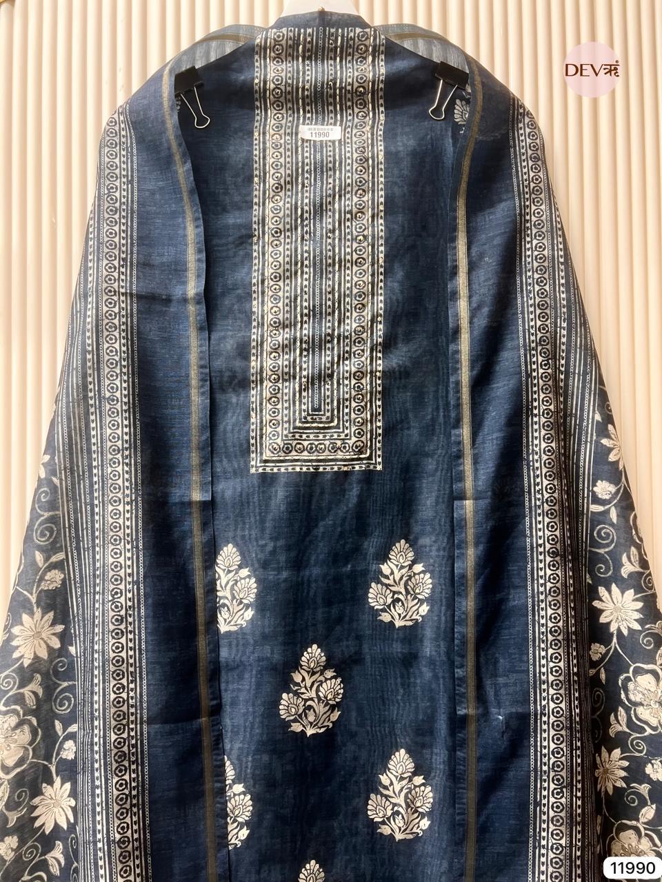 Navy Mul Chanderi Printed Unstitched 3-Piece Suit (Devri – D.No 11990)
