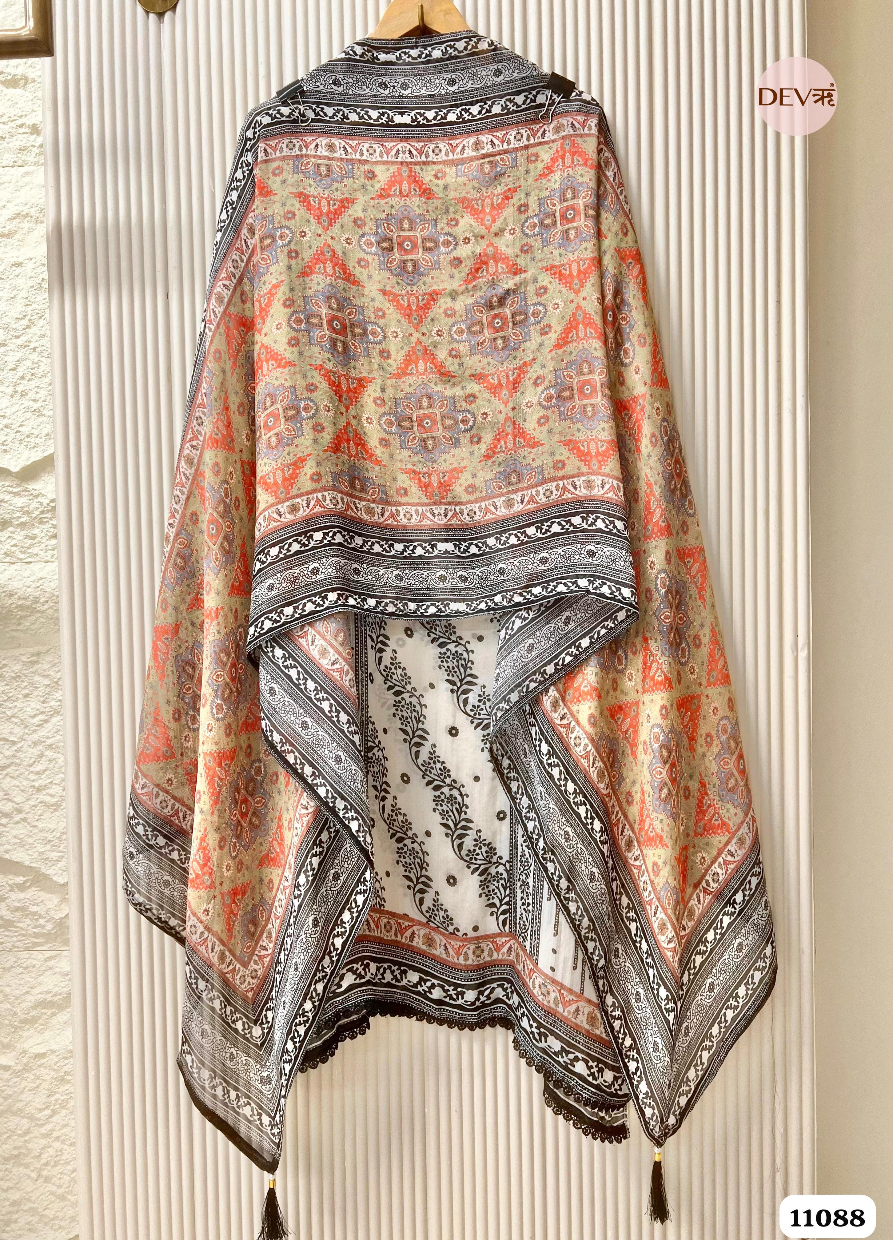 Beige Organza Printed Semi Stitched Hand Embroidered -Set Of 3 {11088}