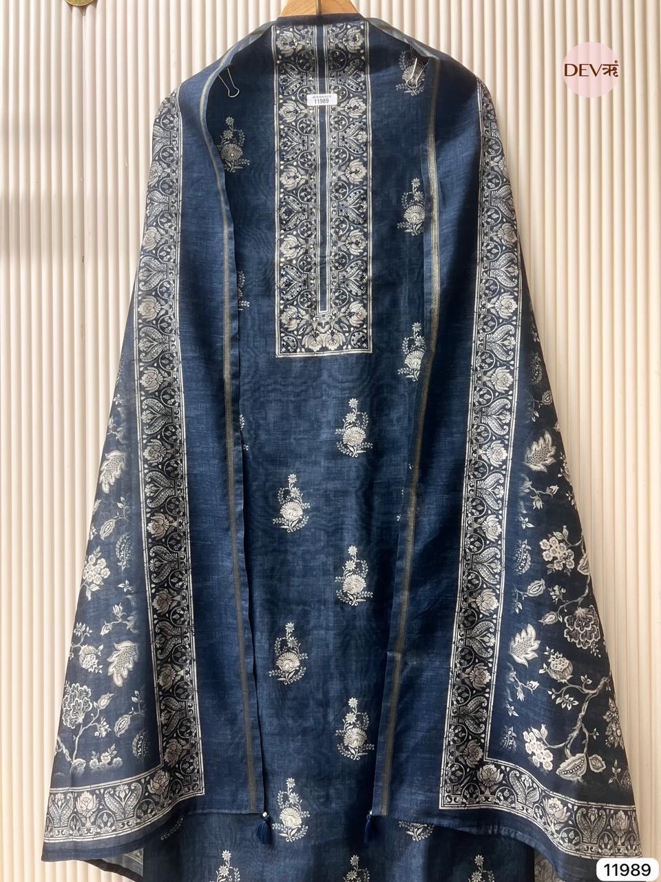 Navy Mul Chanderi Printed Unstitched 3-Piece Suit (Devri – D.No 11989)