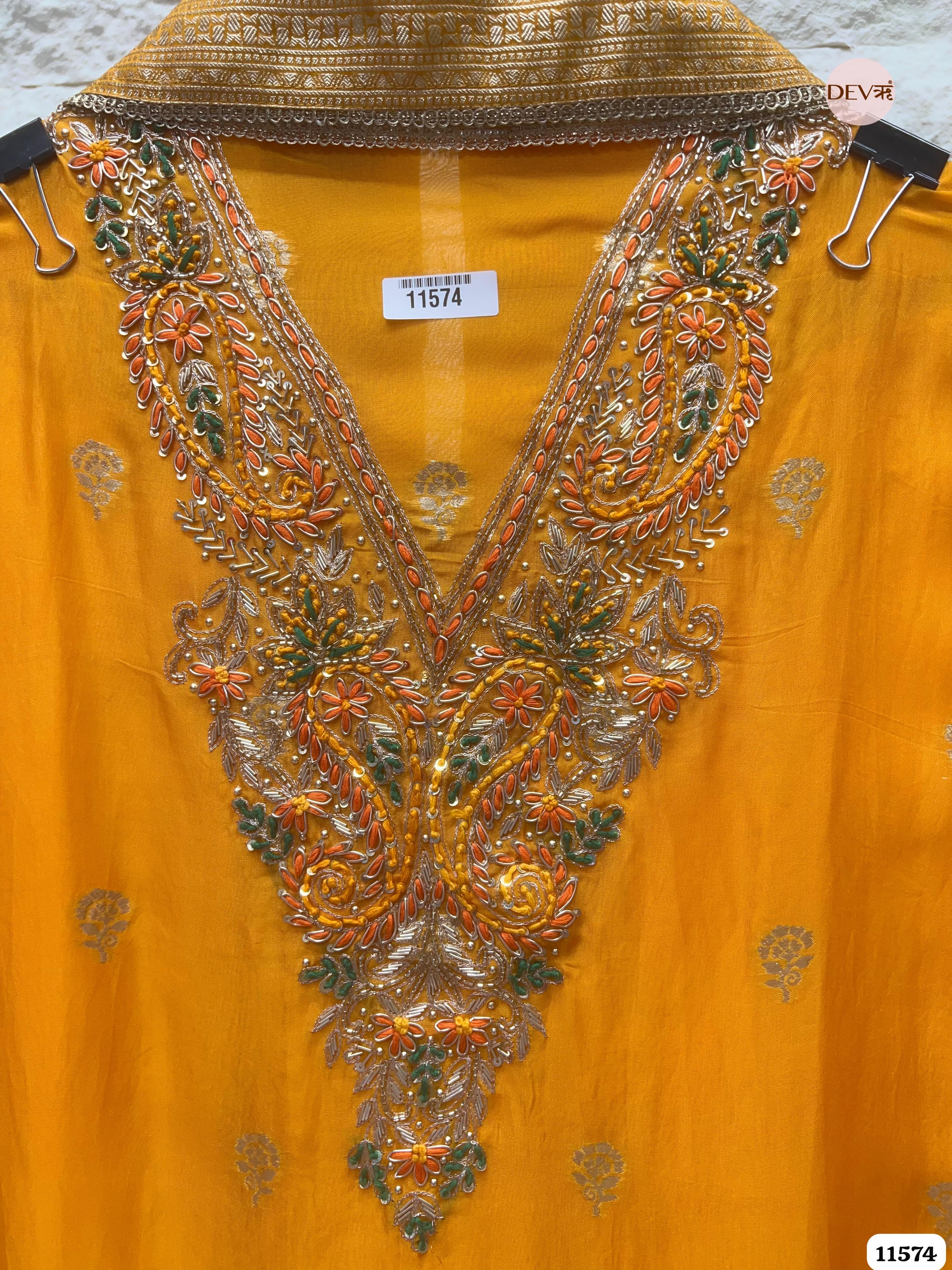 Yellow Pure Organza Silk Unstitched Banarasi Woven Hand Embroidered -Set Of 3 {11574}