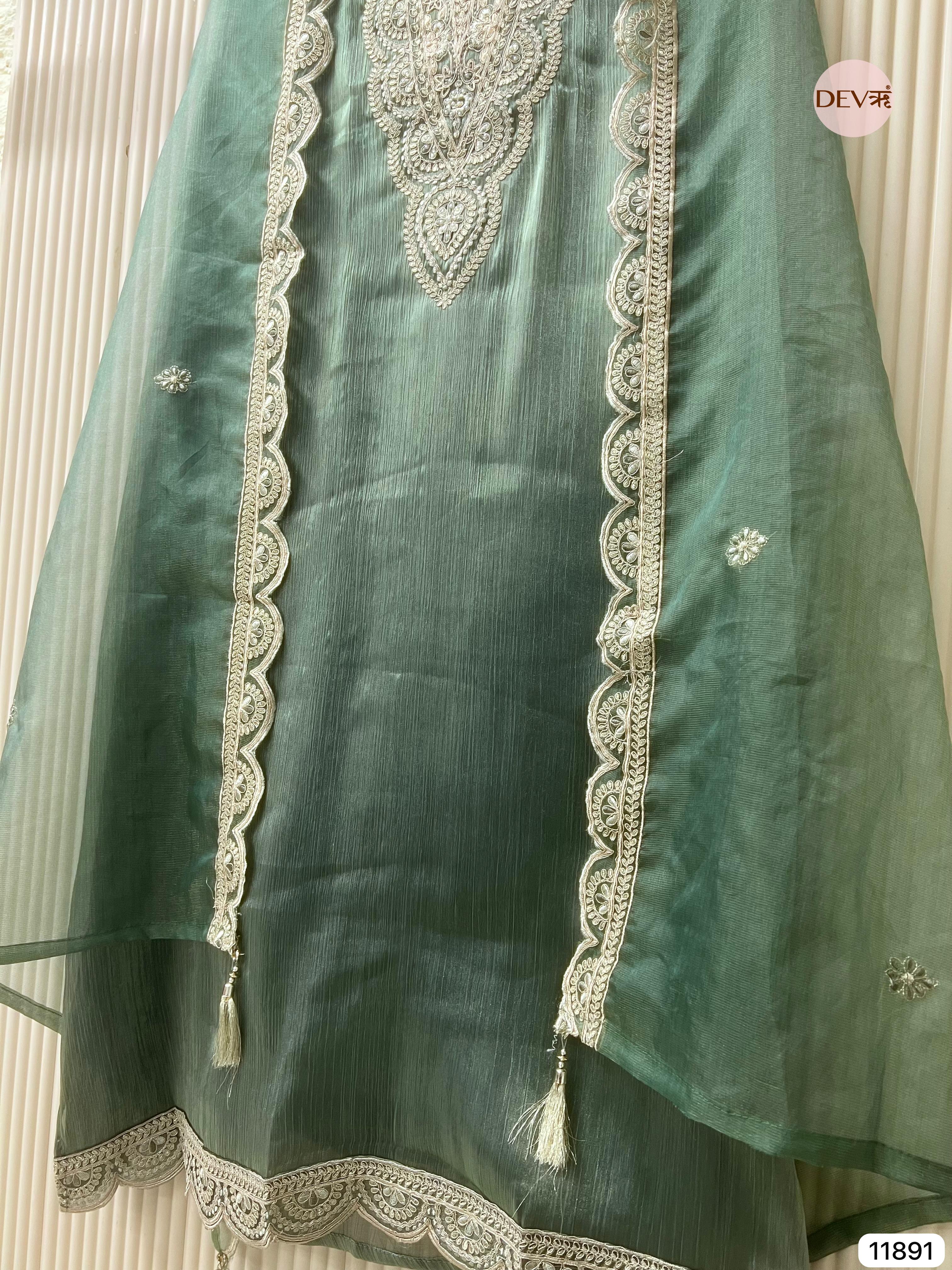 Dark Green Tissue Shimmer Silk Unstitched Printed Embroidered -Set Of 3- {11891}