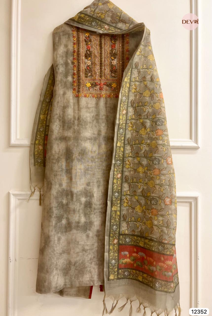 Olive Grey Linen Hand Embroidered Unstitched 3-Piece Suit (Devri – D.No 12352)