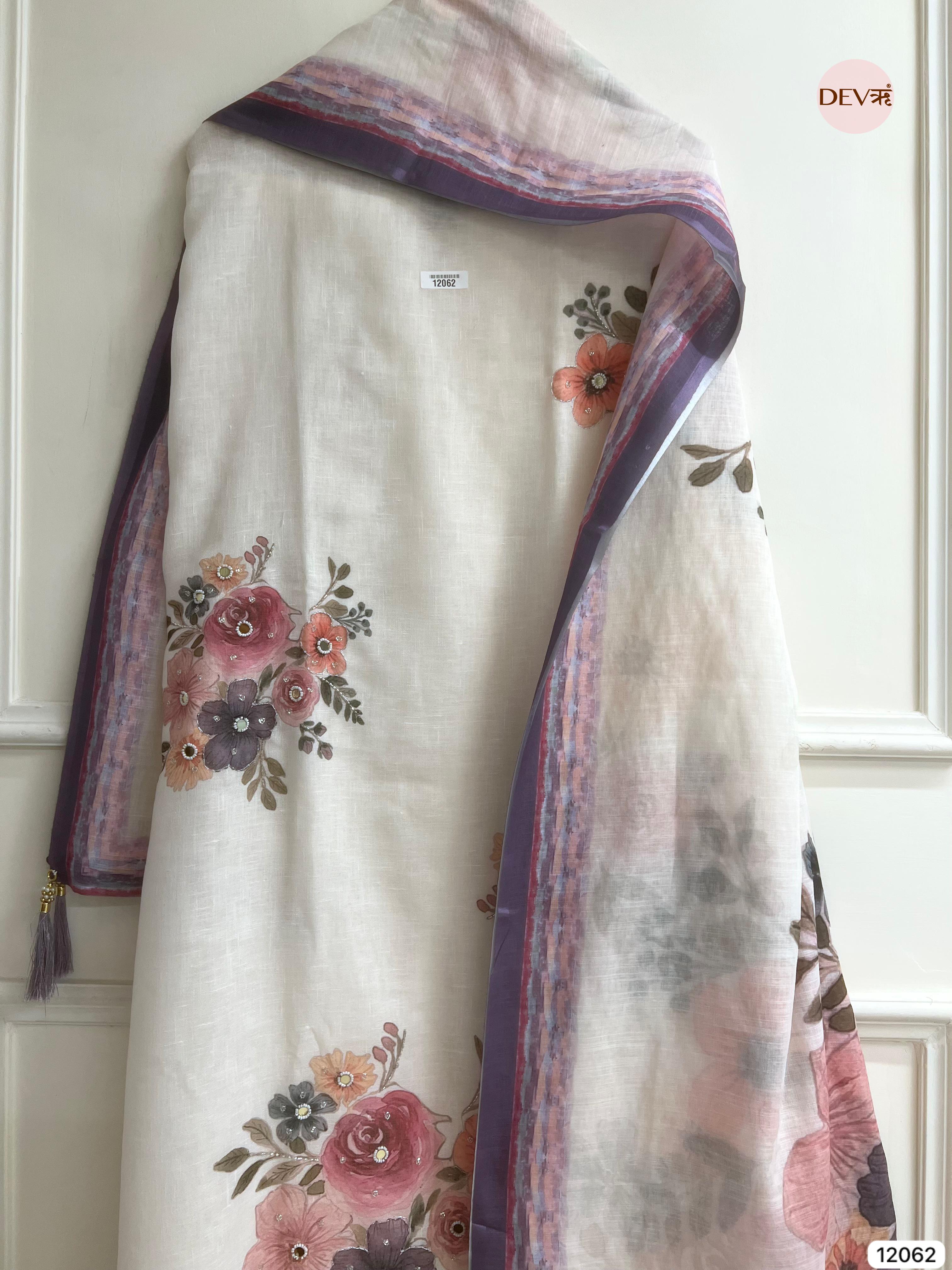 White Linen Printed Unstitched Hand Embroidered -Set Of 3- {12062}