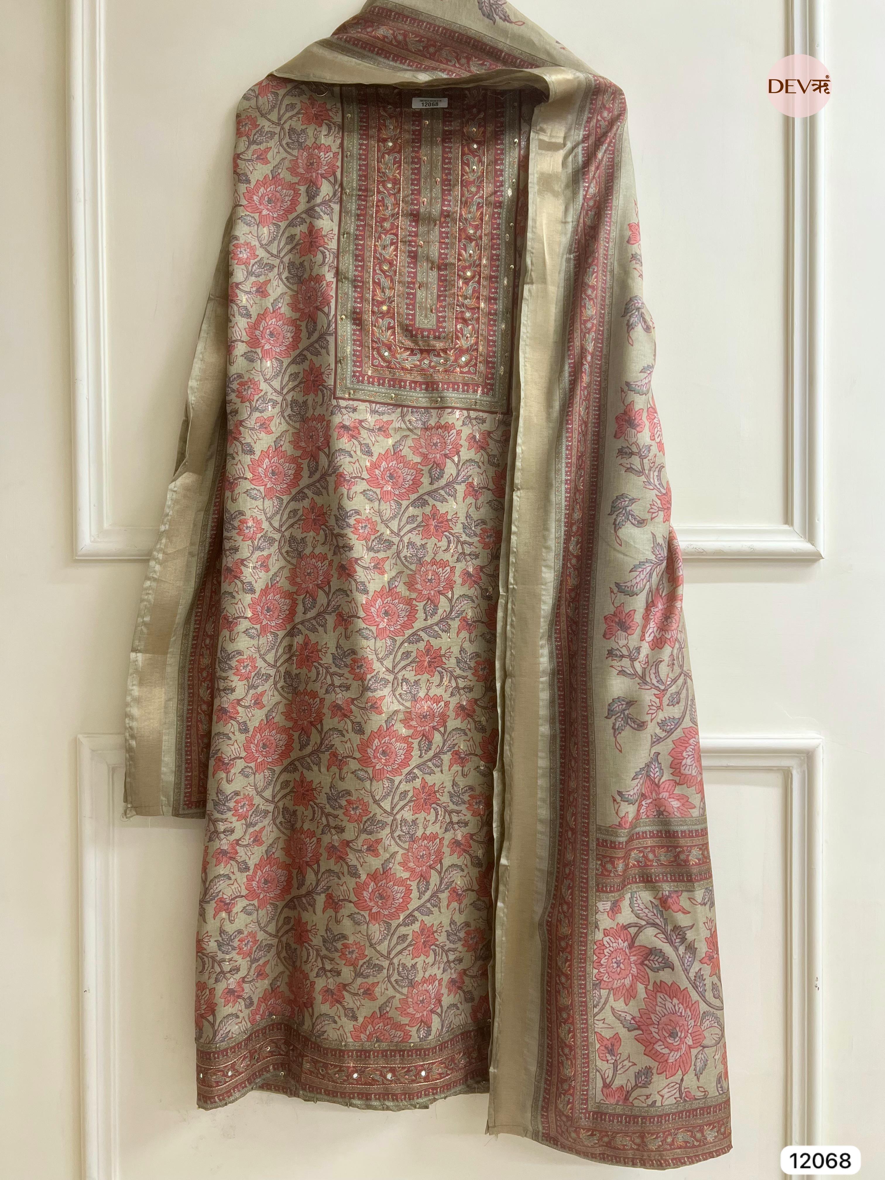 Multi Colour Tusser Khadi Silk Printed Unstitched Hand Embroidered -Set Of 3 - {12068}