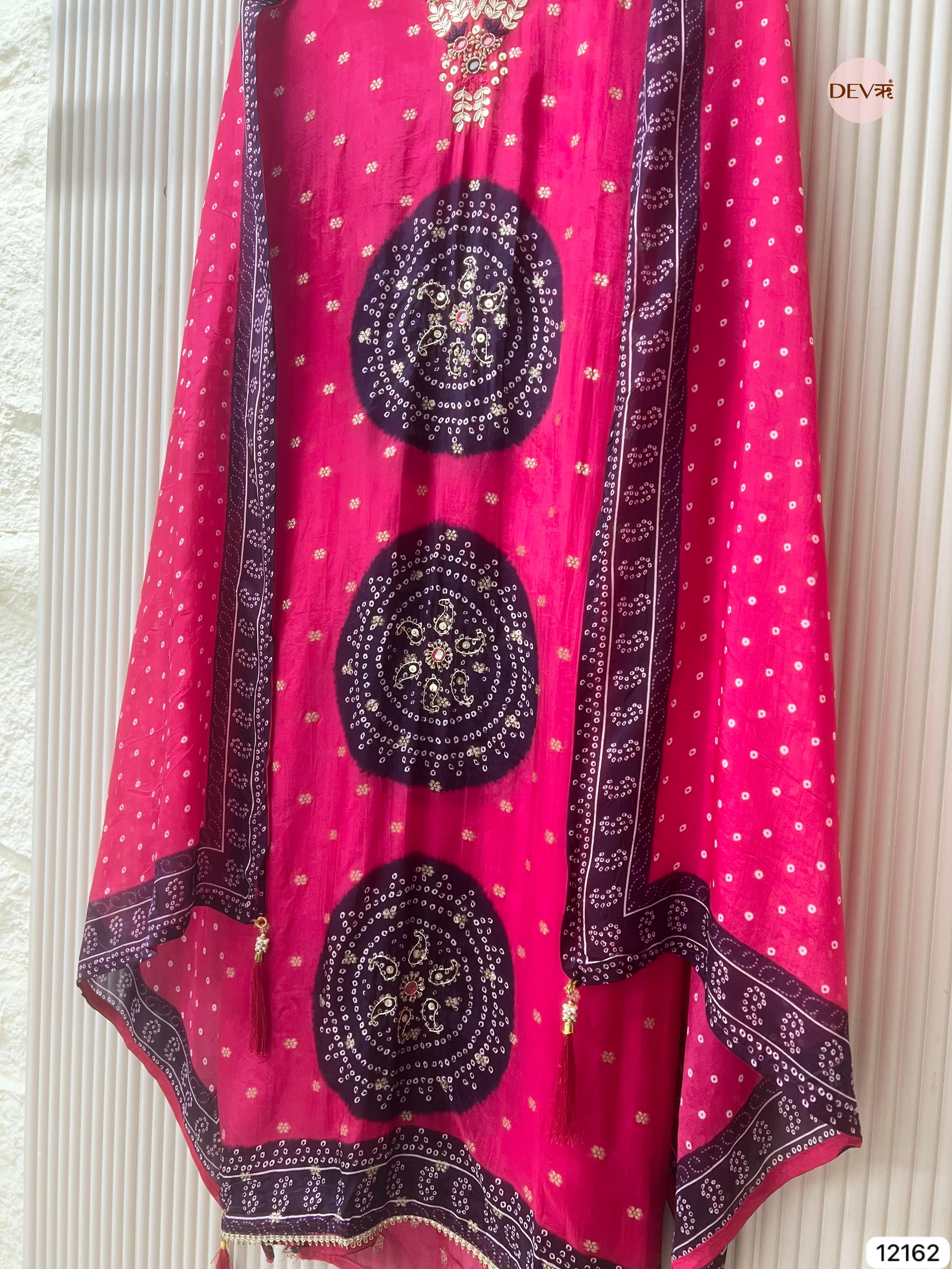 Pink Pure Shimmer Organza Silk Unstitched Banarasi Woven Bandhani Printed Hand Embroidered -Set Of 3 - {12162}
