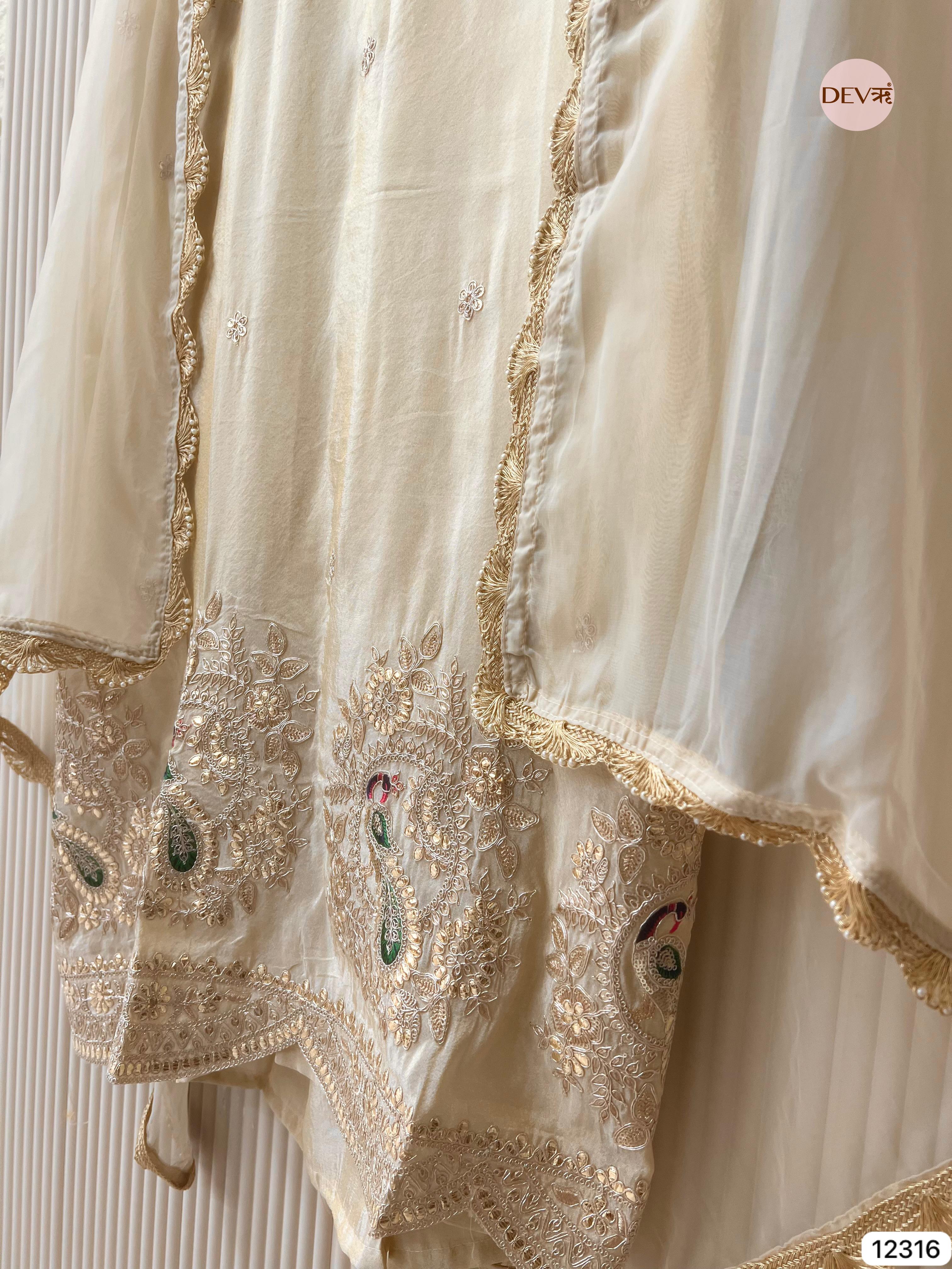 Ivory Shimmer Silk Embroidered Unstitched 3-Piece Suit (Devri – D.No 12316)