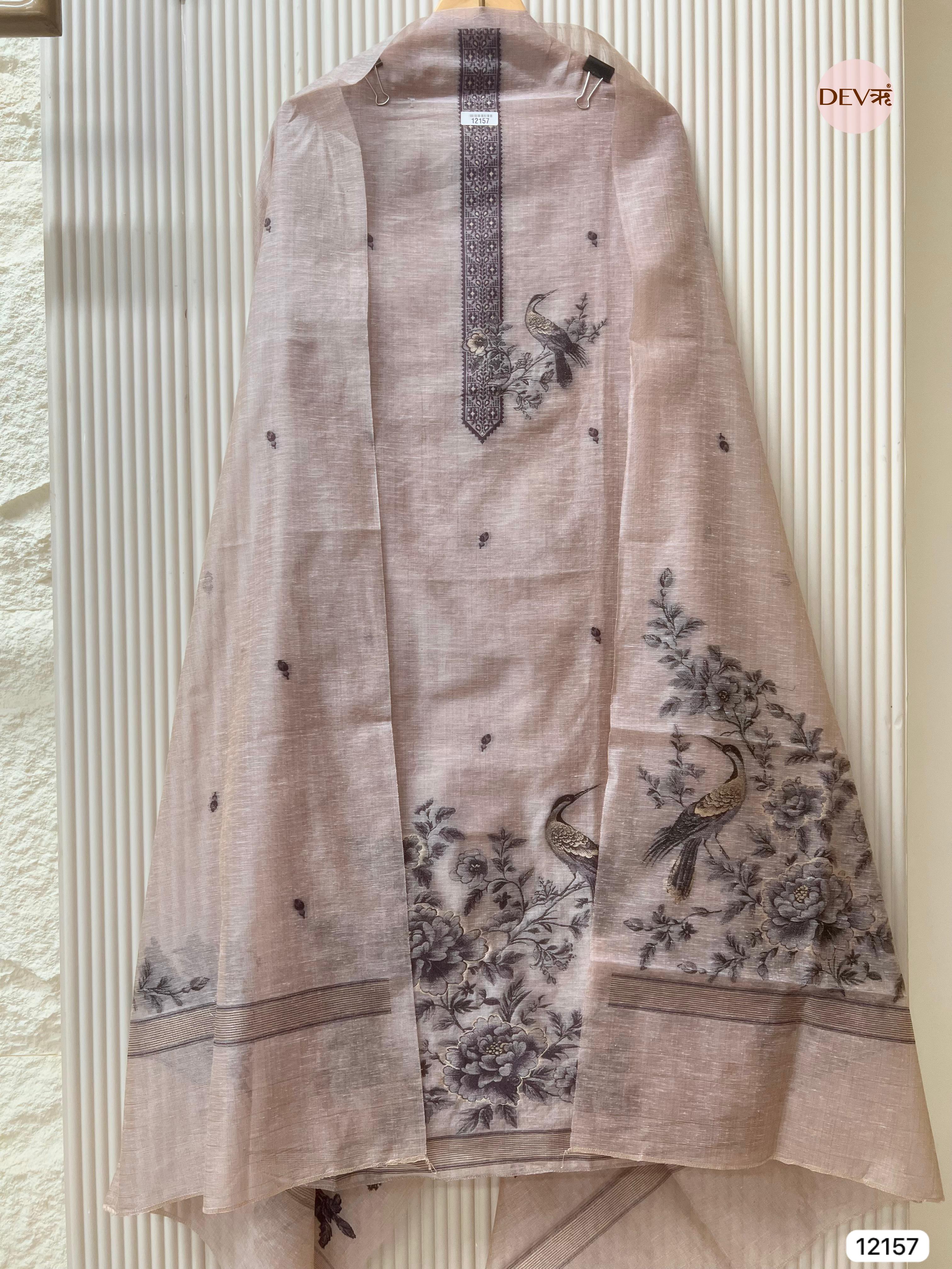 Light Brown Pure Jamdani Linen Unstitched -Set Of 3 - {12157}