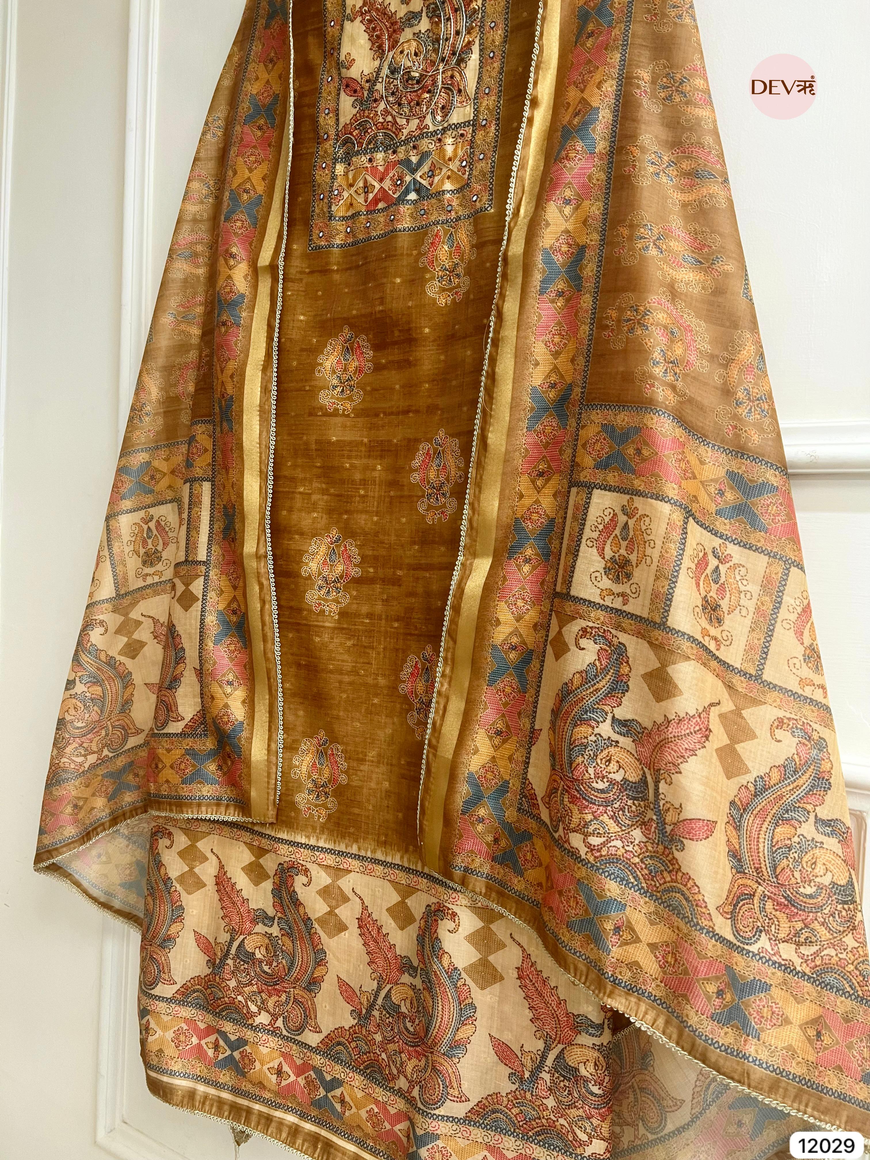 Golden-Brown Tusser Khadi Silk Printed Unstitched Hand Embroidered -Set Of 3 - {12029}
