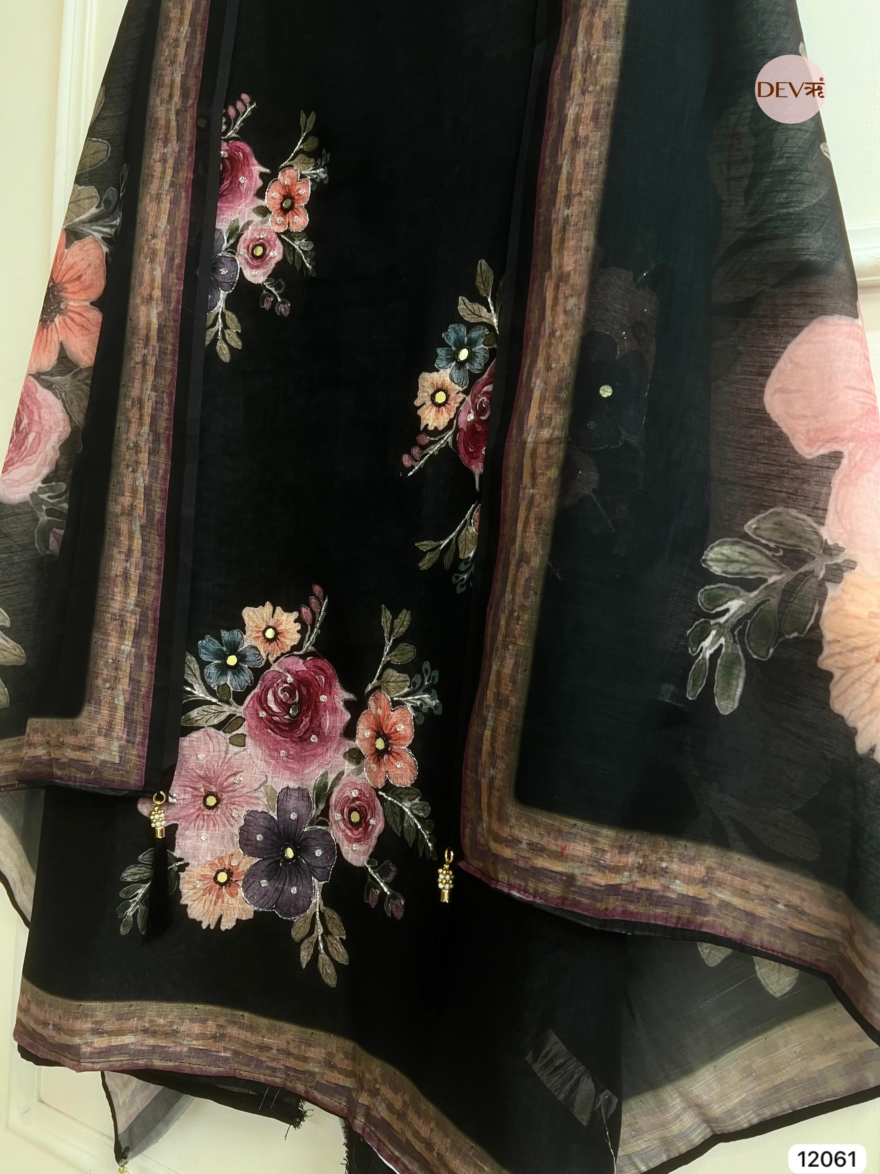 Black Linen Printed Unstitched Hand Embroidered -Set Of 3 - {12061}