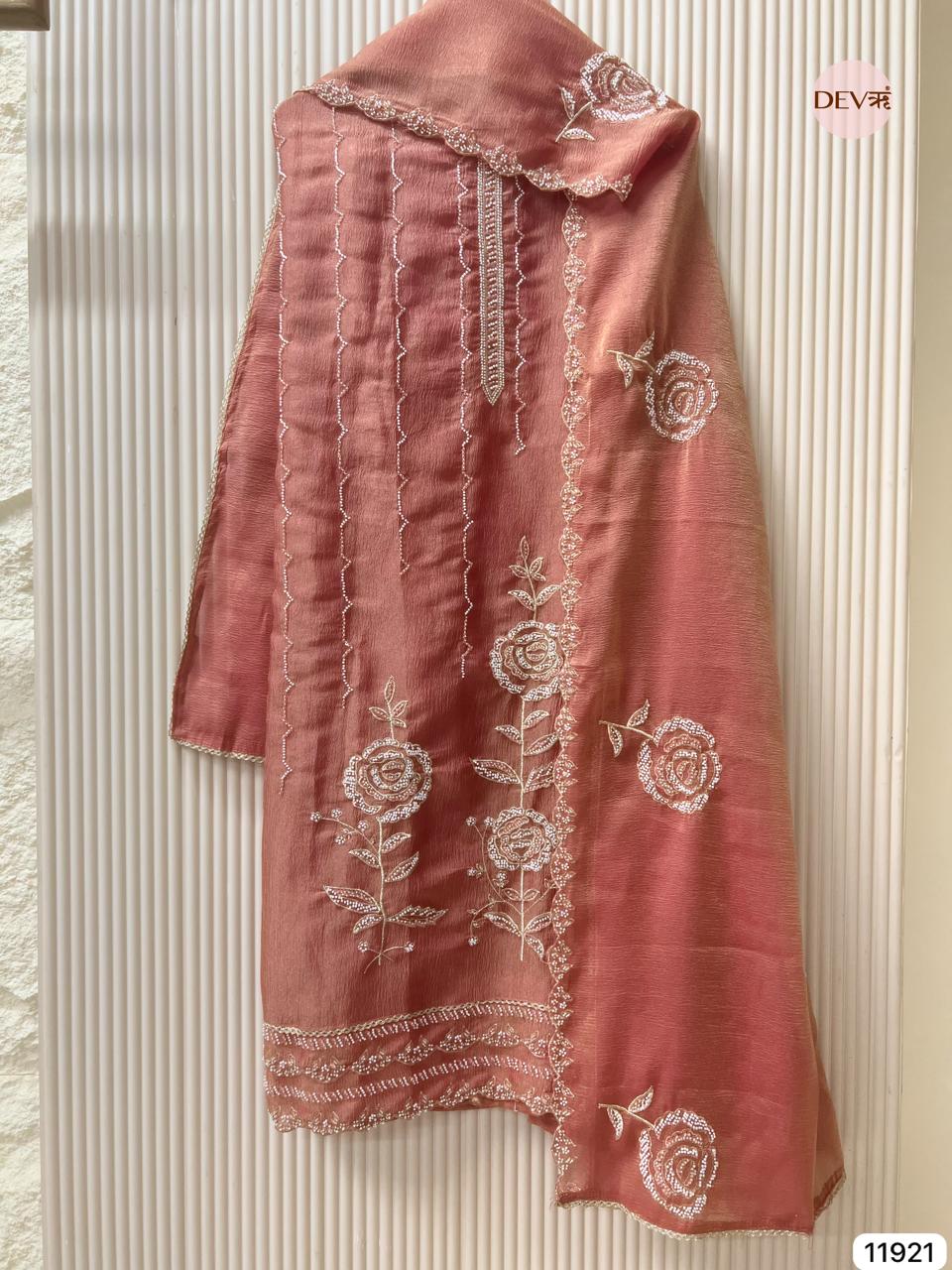 Rust Pure Tissue Crush Unstitched Hand Embroidered -Set Of 3 - {11921}