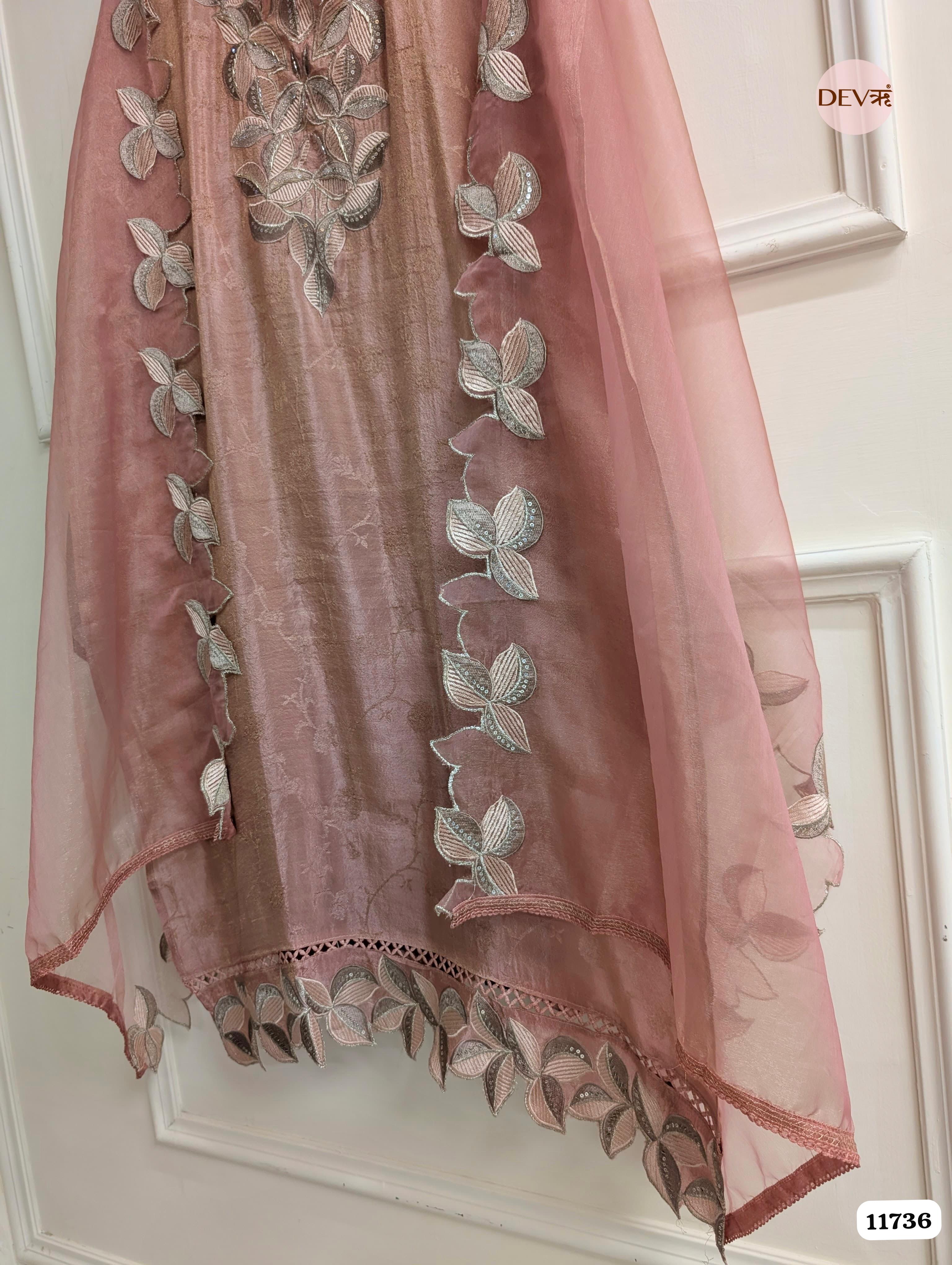 Pink Tissue Silk Woven Unstitched Embroidered -Set Of 3 {11736}