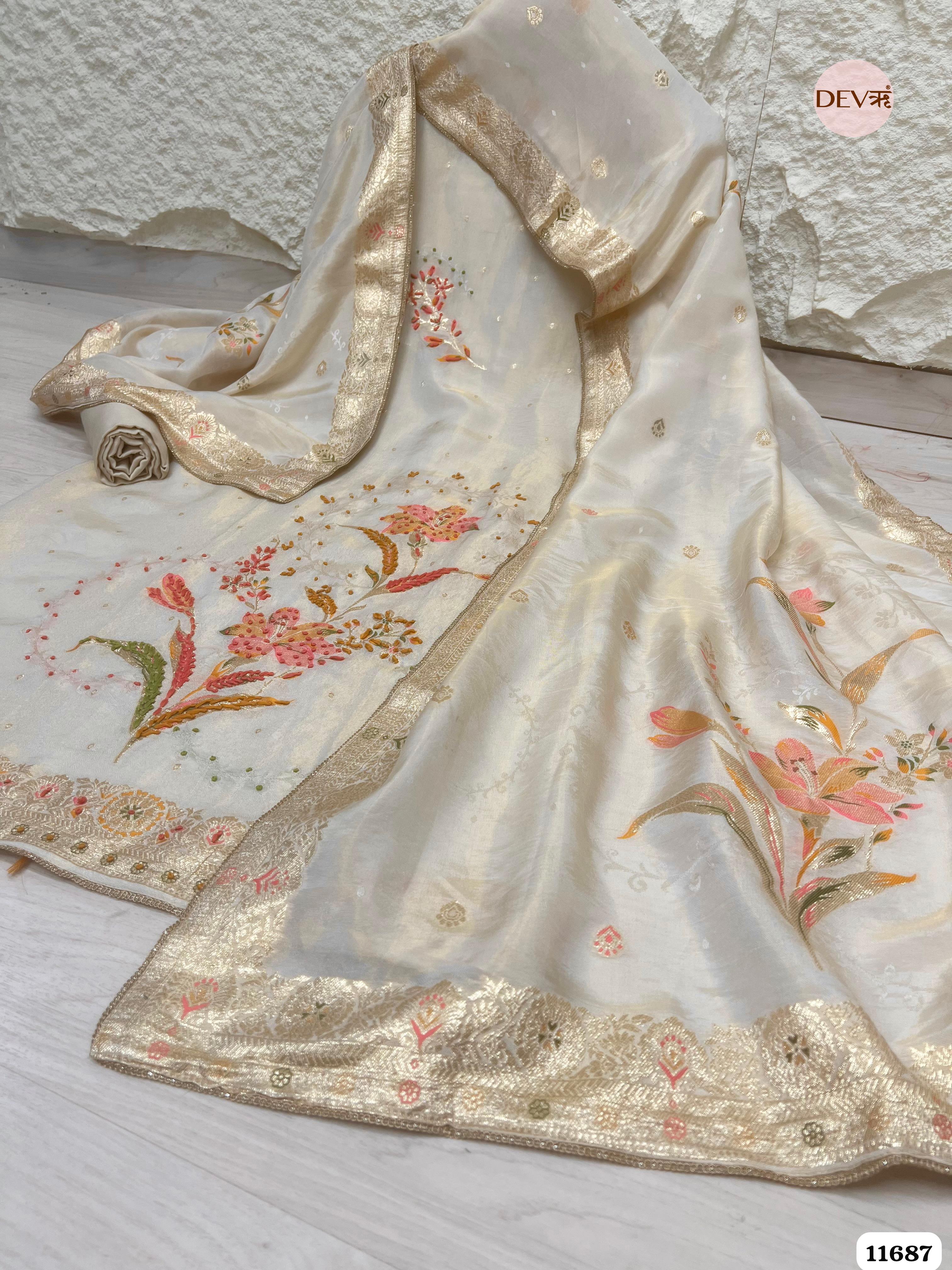 Off white Burberry Silk Unstitched Woven Embroidered -Set Of 3 {11687}