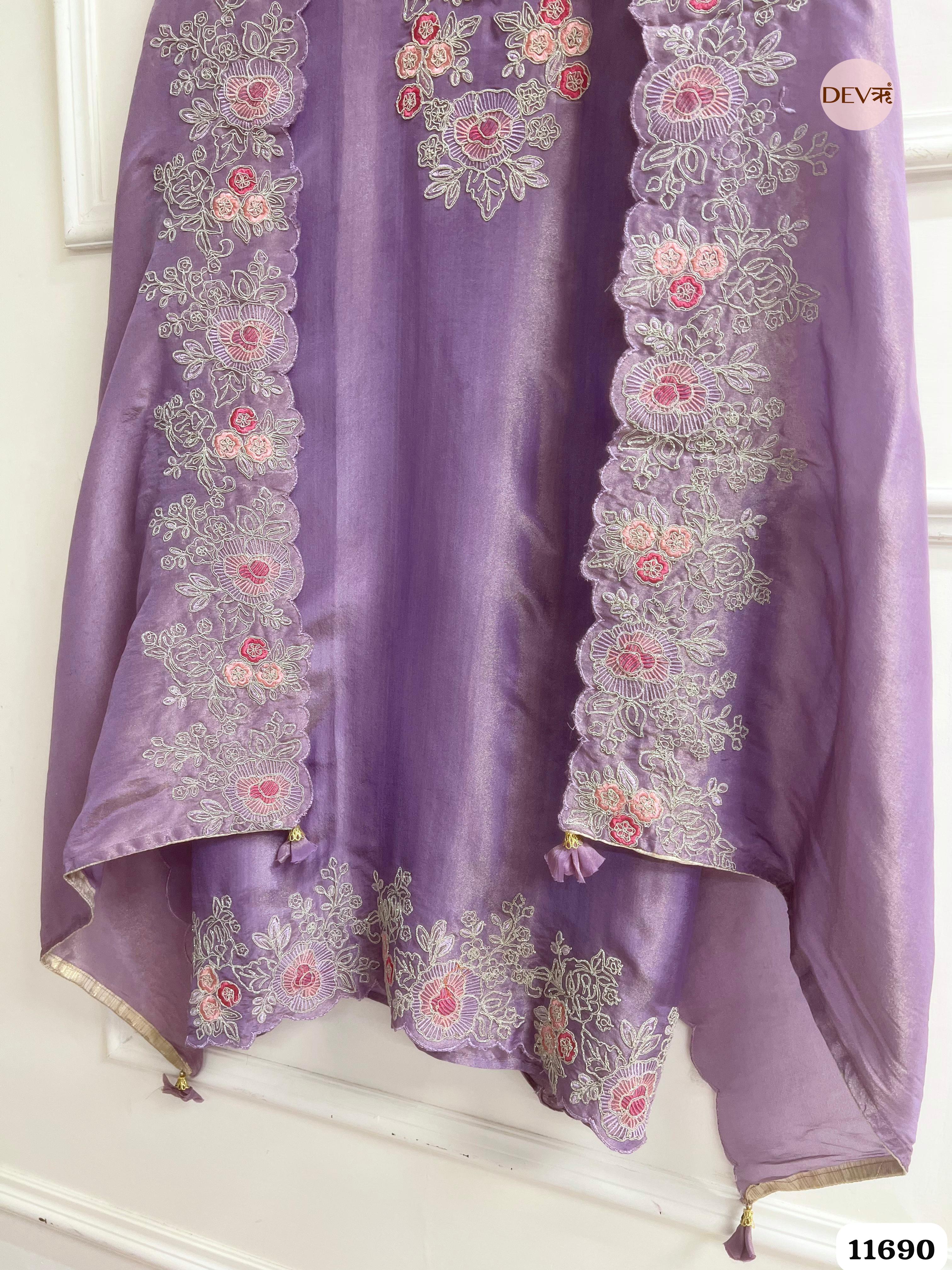 Purple Tissue Silk Unstitched Embroidered -Set Of 3 {11690}