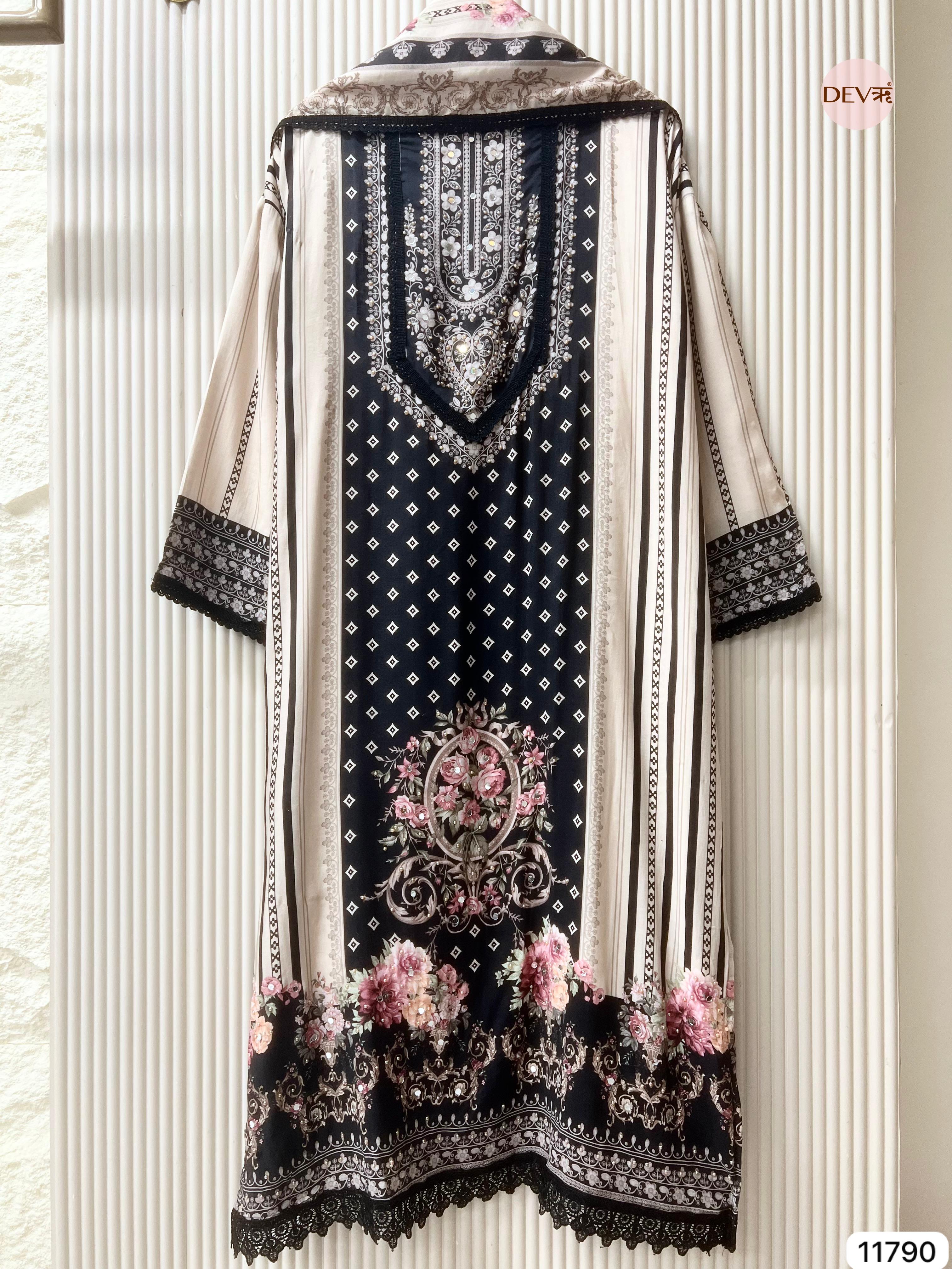 Black Pure Muslin Semi Stitched Pakistani Printed Hand Embroidered -Set Of 3 - {11790}