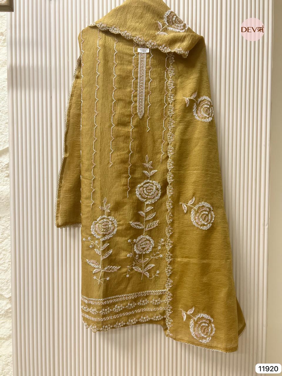 Yellow Pure Tissue Crush Unstitched Hand Embroidered -Set Of 3 - {11920}