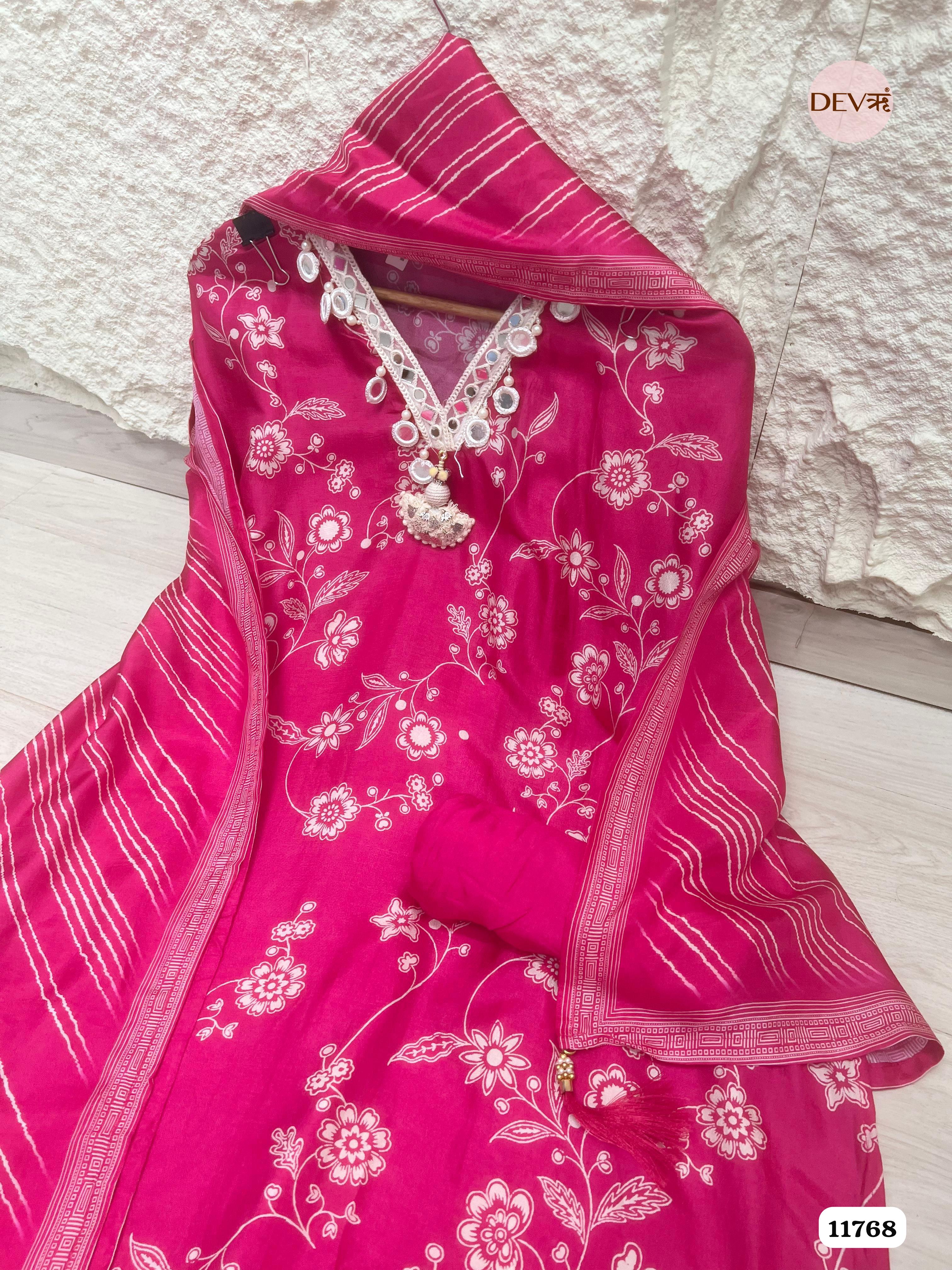 Pink Russian Silk Unstitched Printed Hand Embroidered -Set Of 3 {11768}