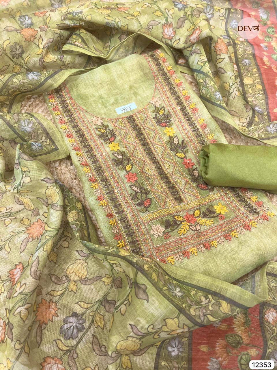 Olive Green Linen Hand Embroidered Unstitched 3-Piece Suit (Devri – D.No 12353)