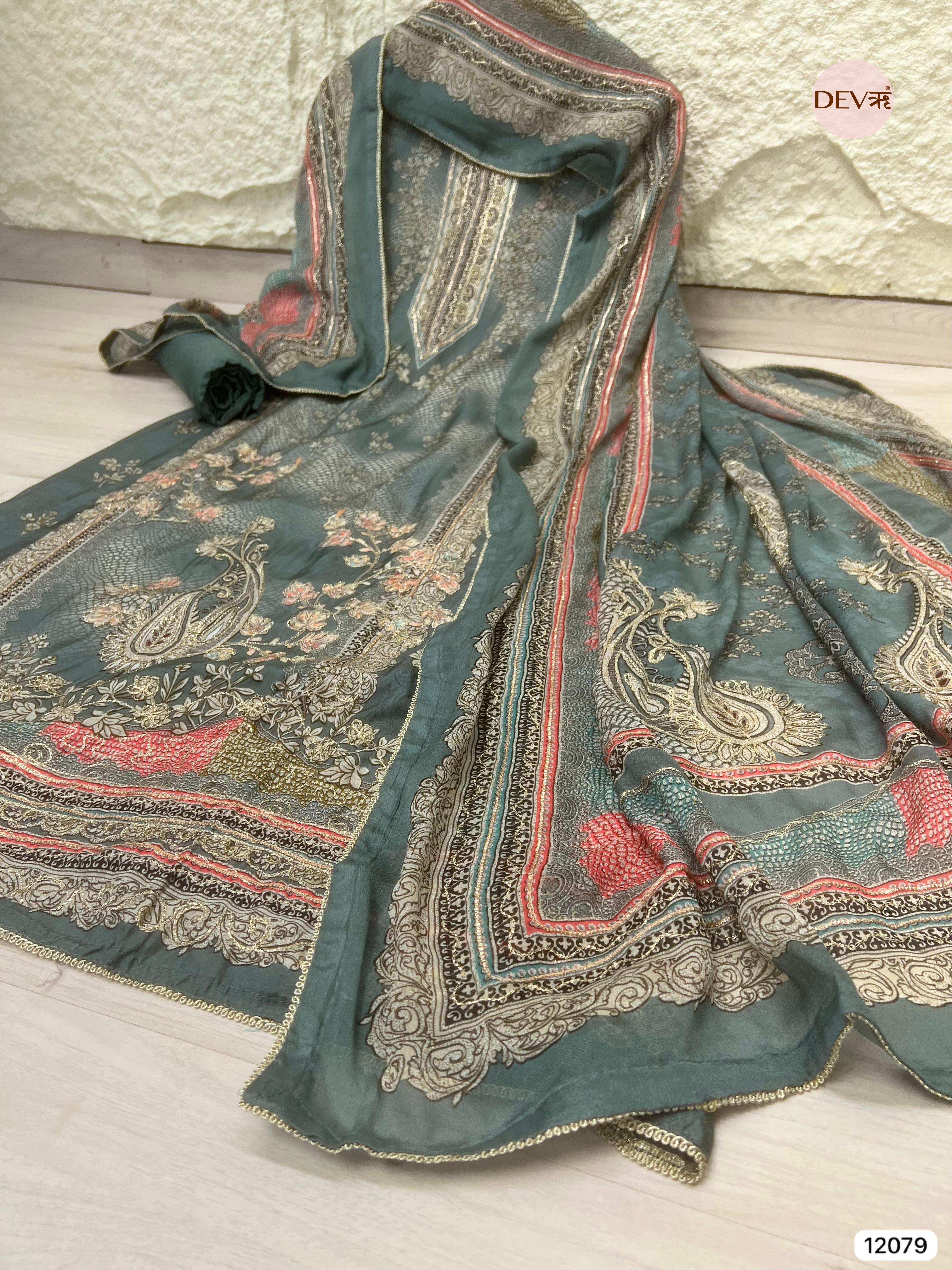 Green Pure Muslin Unstitched Printed With Hand Zardosi Embroidery -Set Of 3 - {12079}