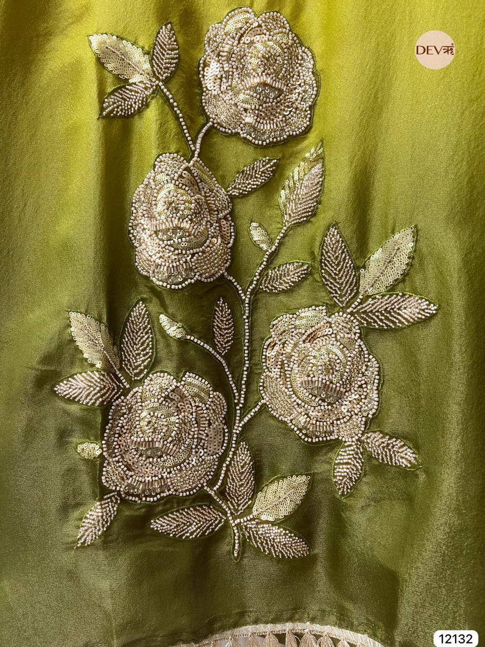 Olive-Green Soft Tissue Silk Embroidered Unstitched 3-Piece Suit (Devri – D.No 12132)