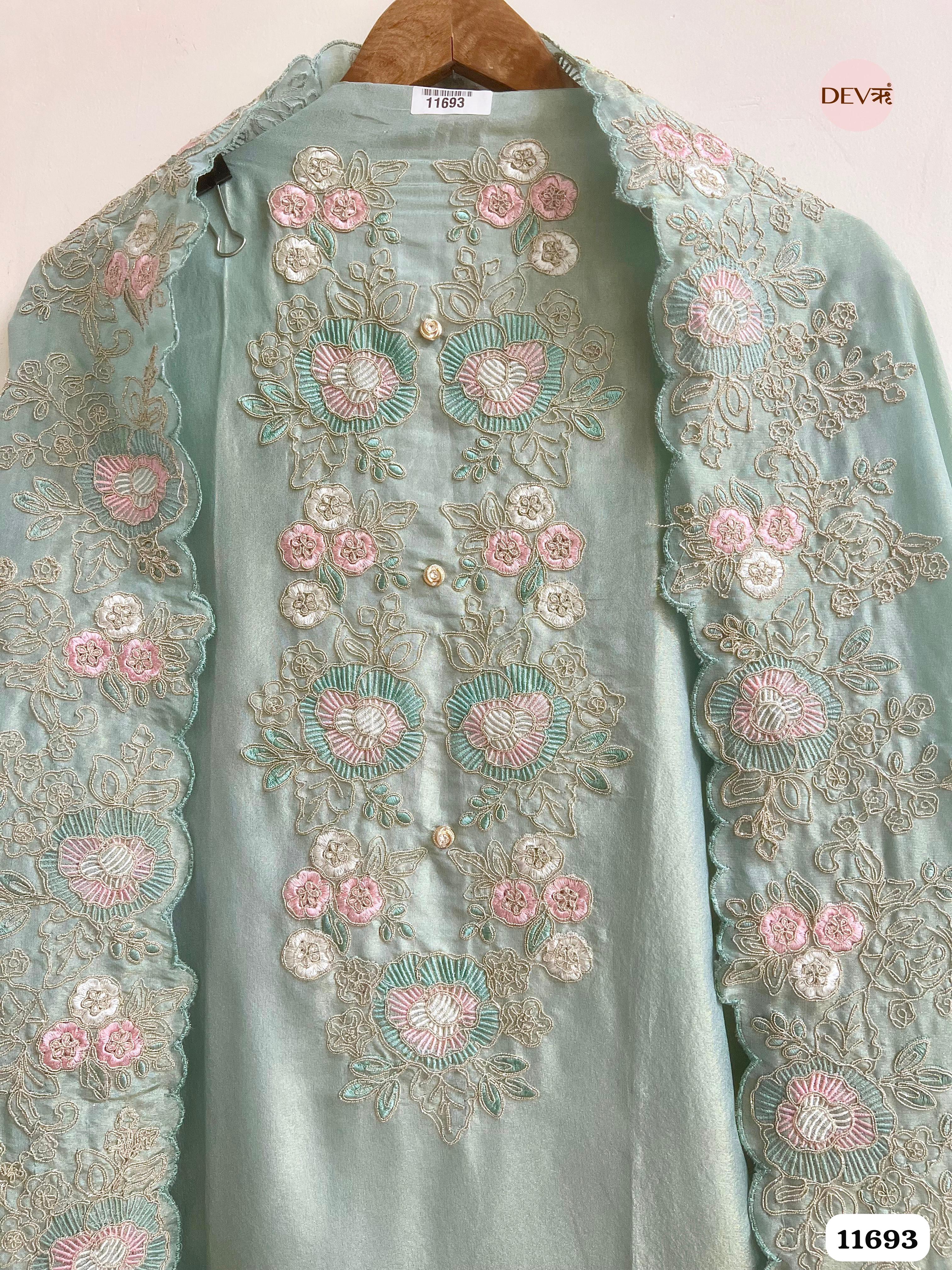 Mint Green Tissue Silk Unstitched Embroidered -Set Of 3 {11693}