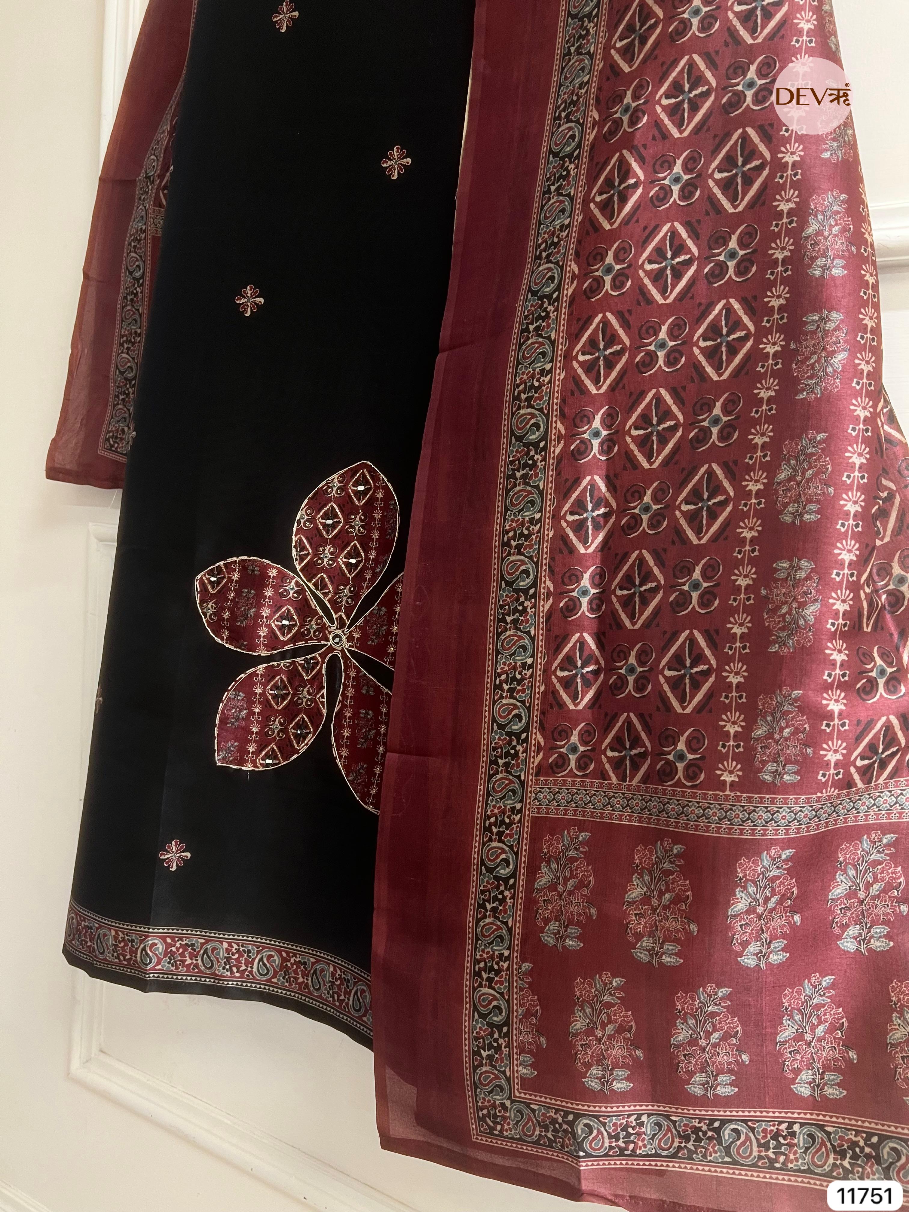 Black Raw Silk Unstitched Hand Applique Work Embroidered -Set Of 3 - {11751}