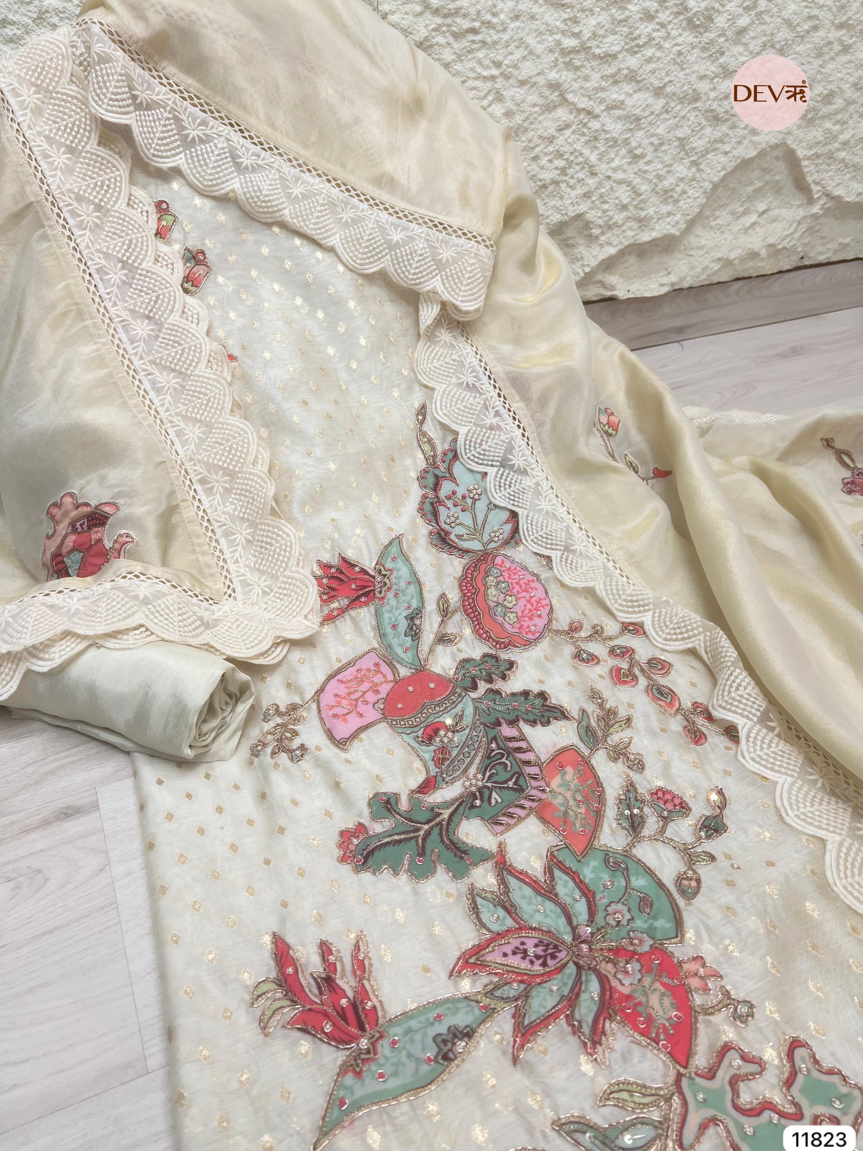 Off White Pure Shimmer Tissue Silk Unstitched Hand Embroidered -Set Of 3 - {11823}