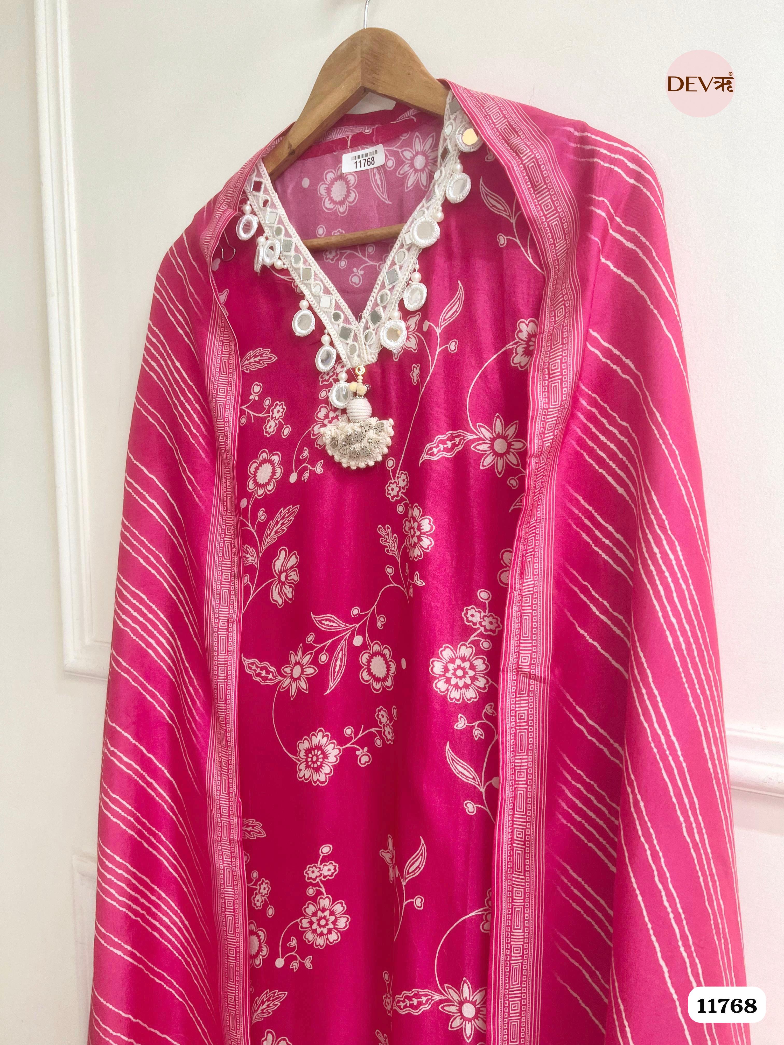 Pink Russian Silk Unstitched Printed Hand Embroidered -Set Of 3 {11768}