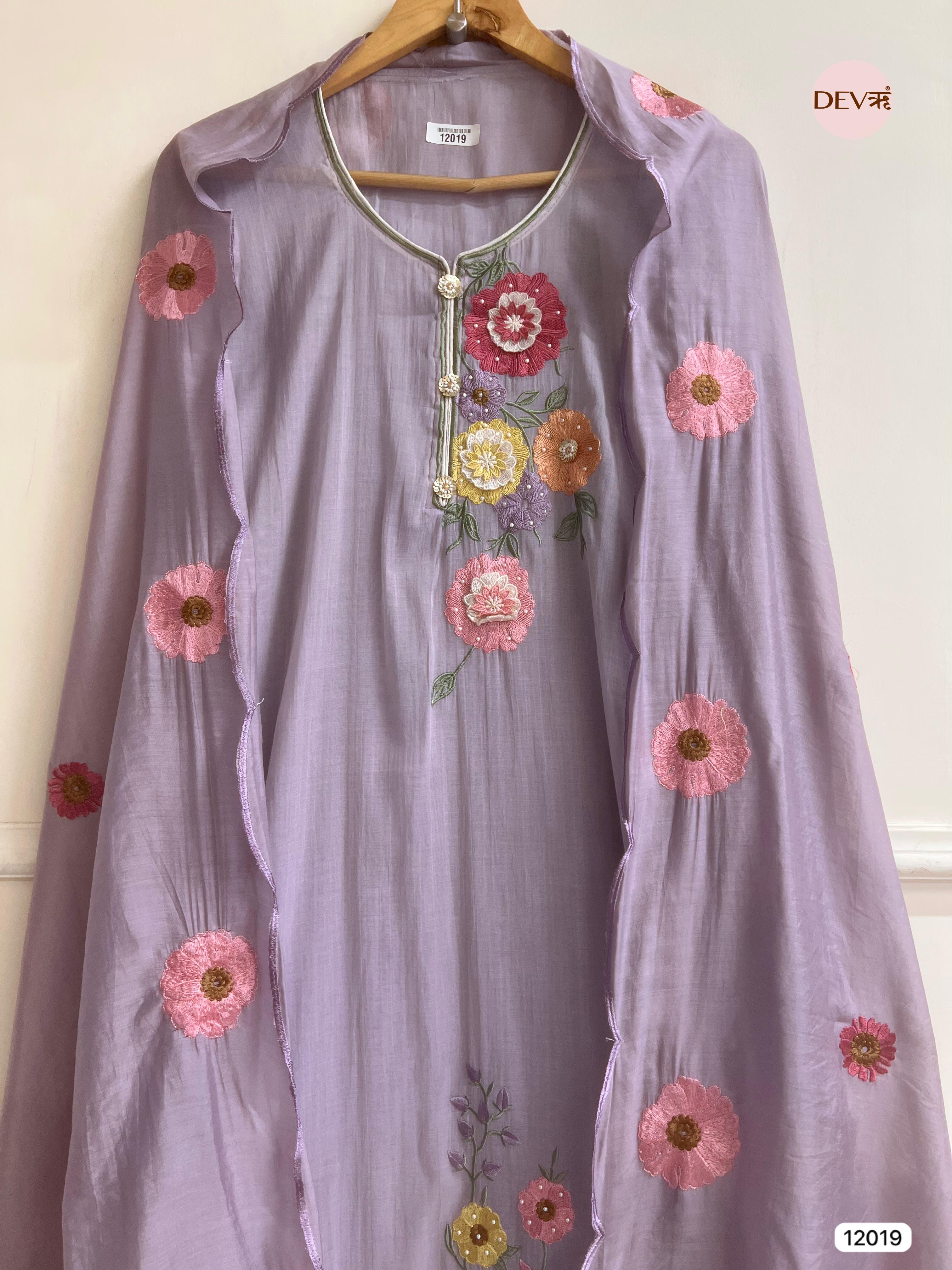 Purple Pure Mul Chanderi Unstitched Embroidered -Set Of 3 - {12019}