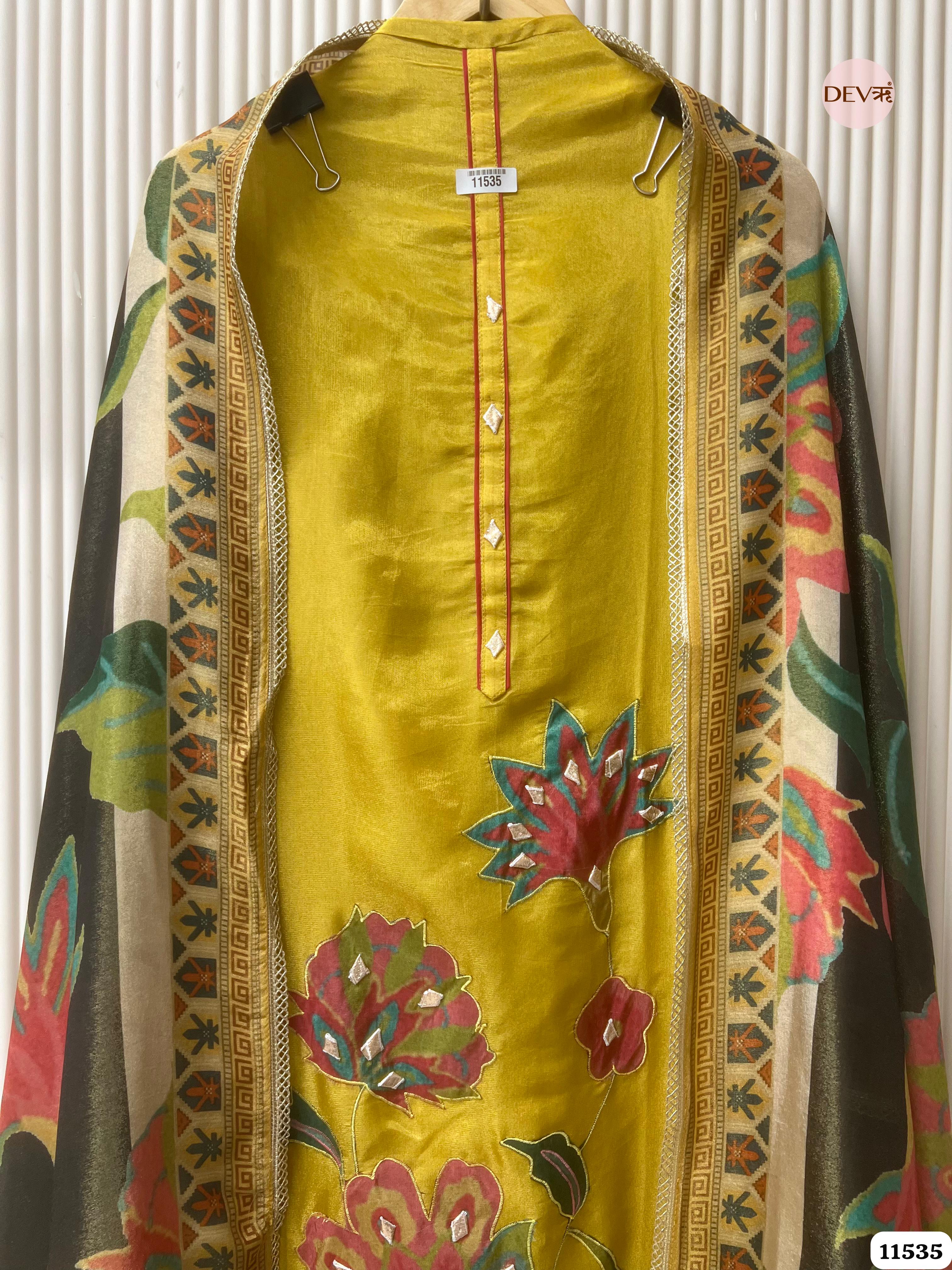 Yellow Tissue Silk Unstitched Applique Work Hand Embroidered -Set Of 3 {11535}