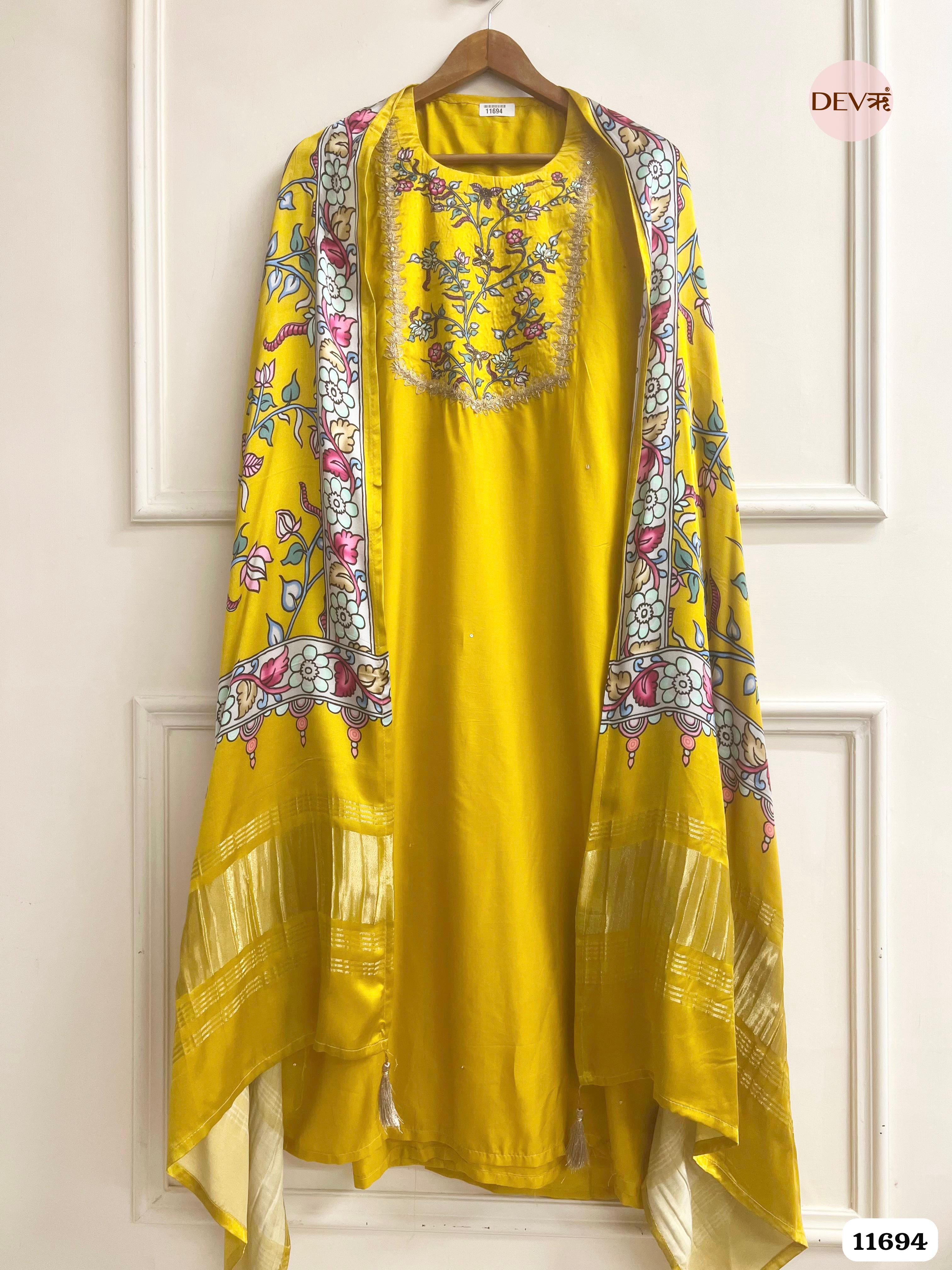 Yellow Russian Silk Unstitched Embroidered -Set Of 3 {11694}