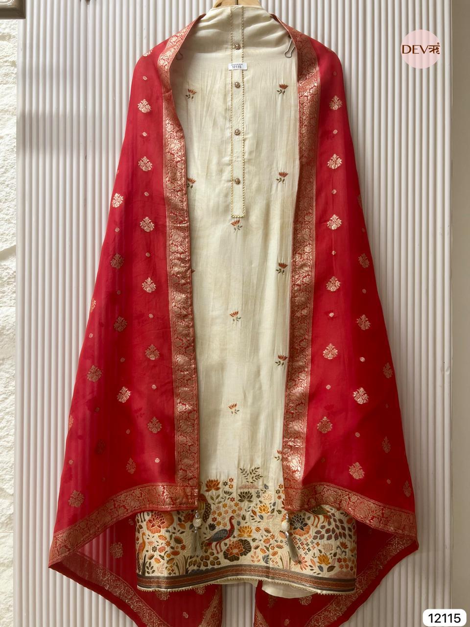 Ivory Russian Silk Embroidered Unstitched 3-Piece Suit (Devri – D.No 12115).