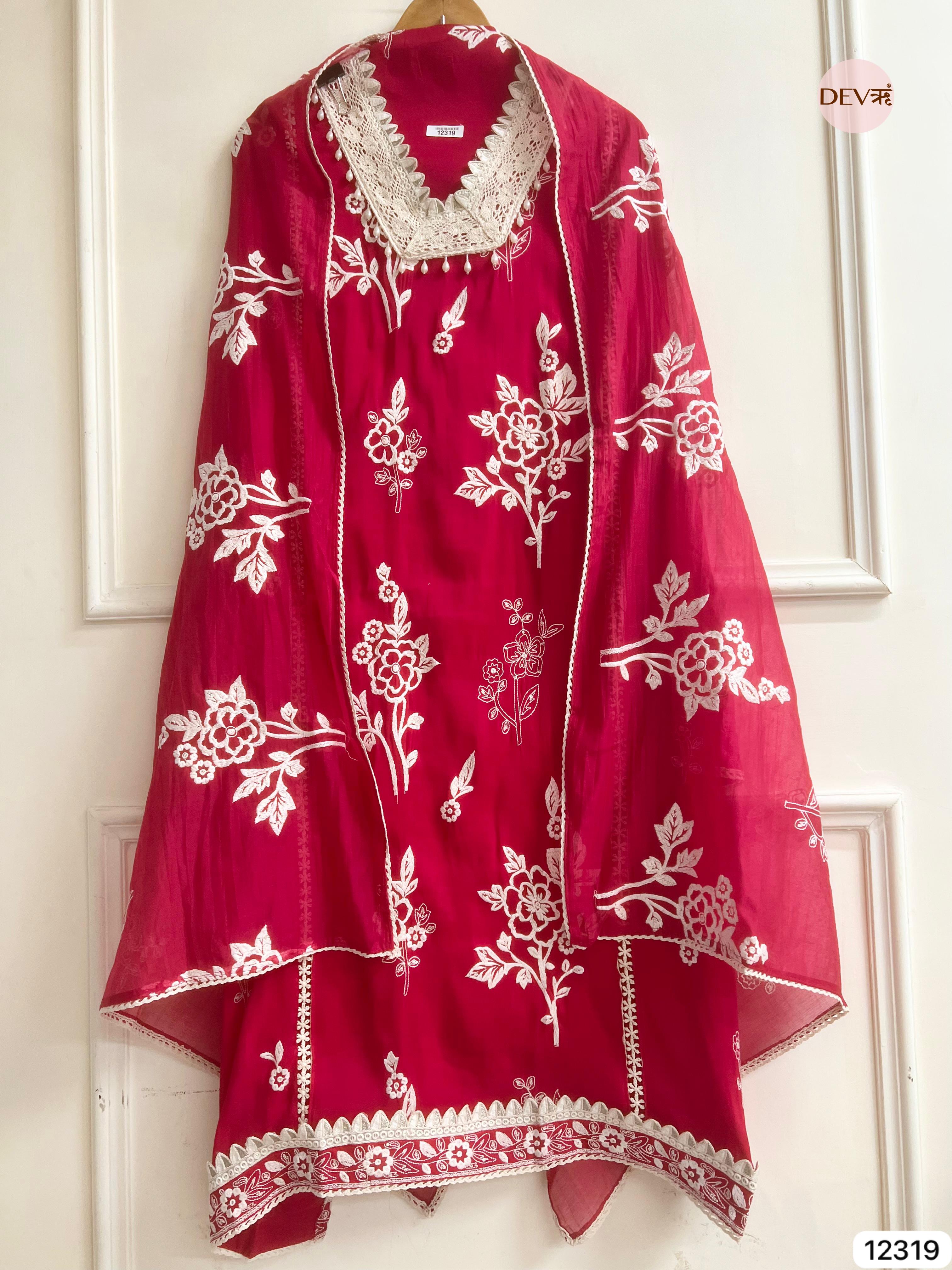 Deep Crimson Mul Chanderi Embroidered Unstitched 3-Piece Suit (Devri – D.No 12319)