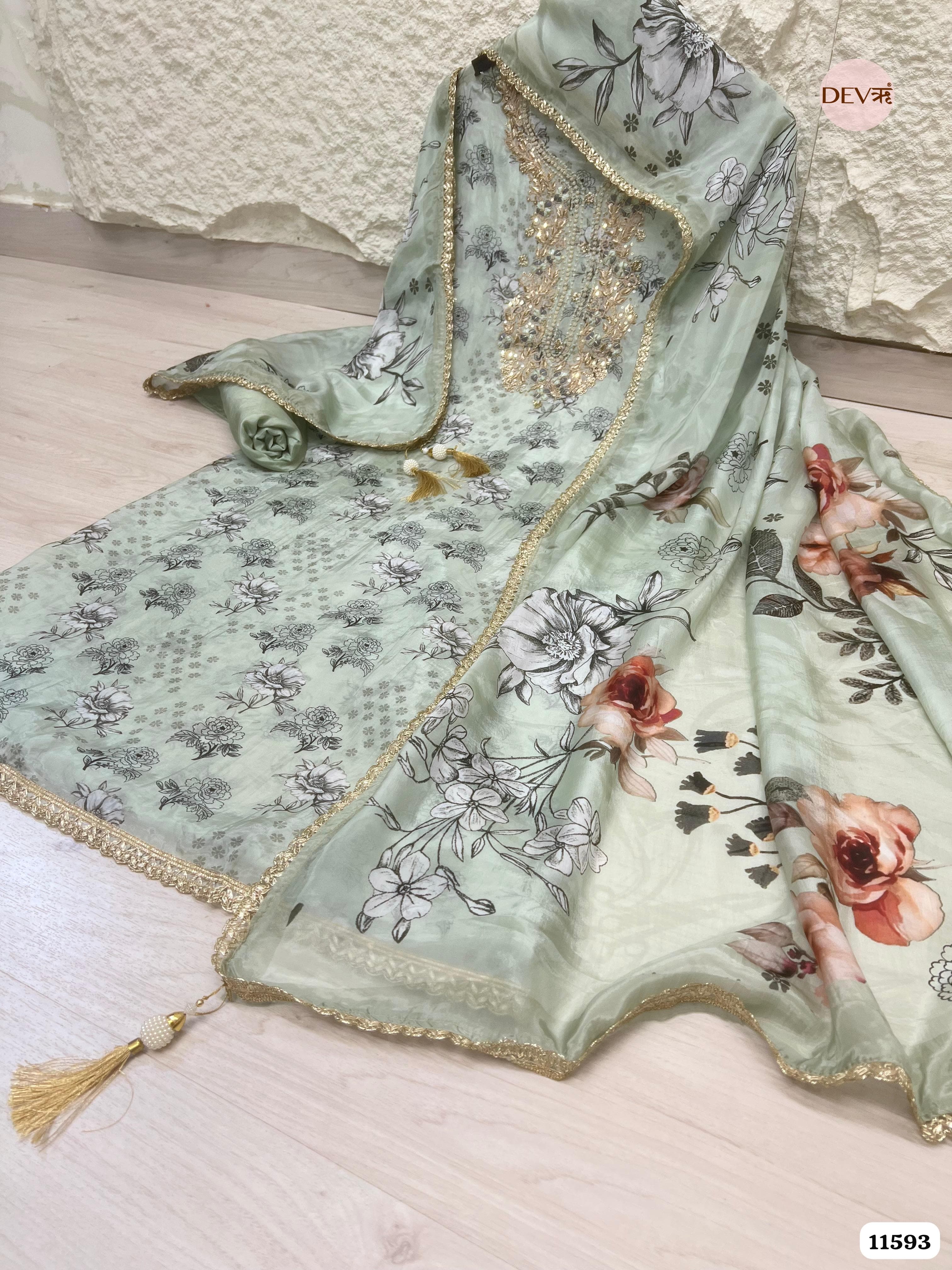 Mint Green Pure Organza Silk Unstitched Printed Hand Embroidered -Set Of 3 {11593}