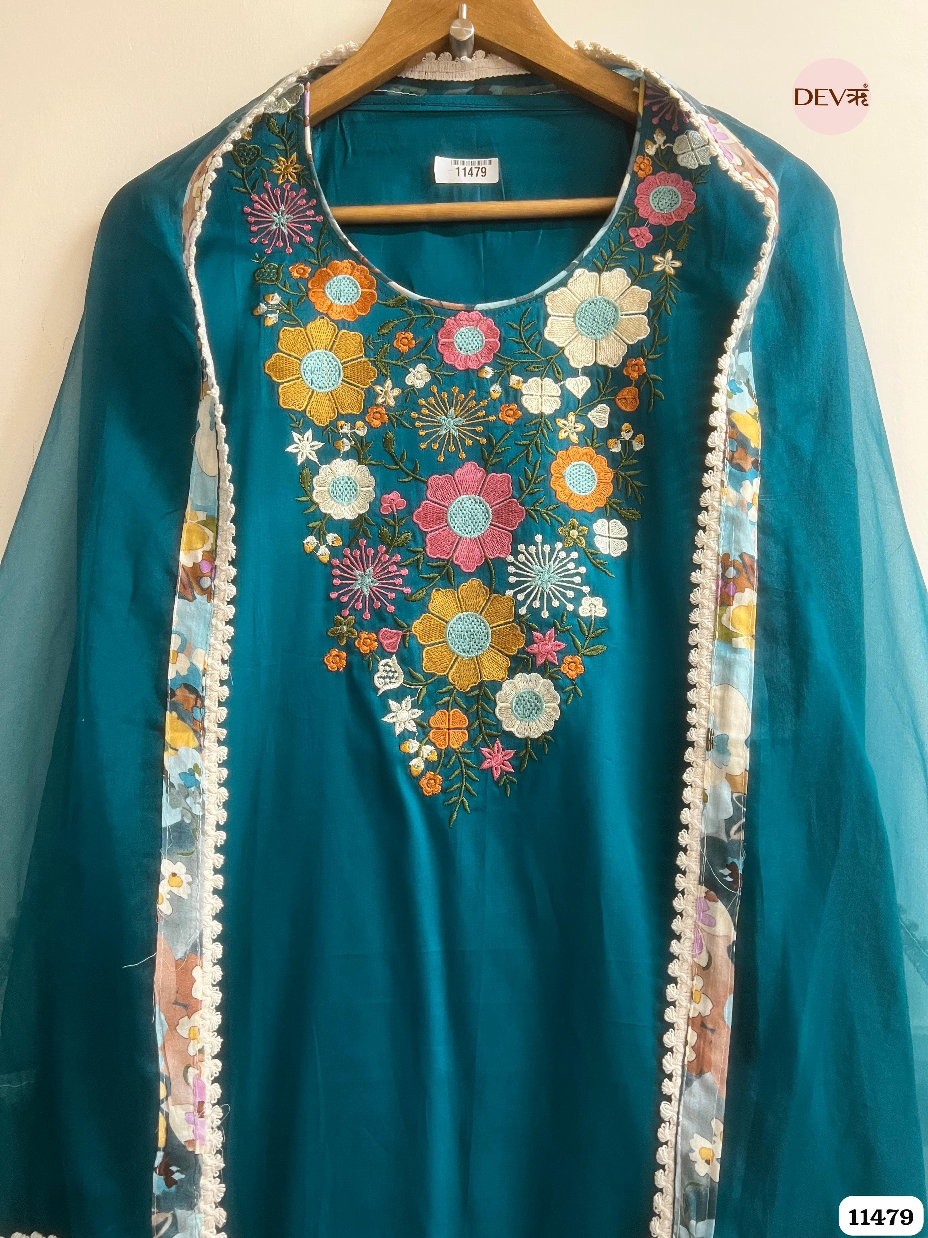 Greenish-Blue Modal Silk Unstitched Embroidered -Set Of 3