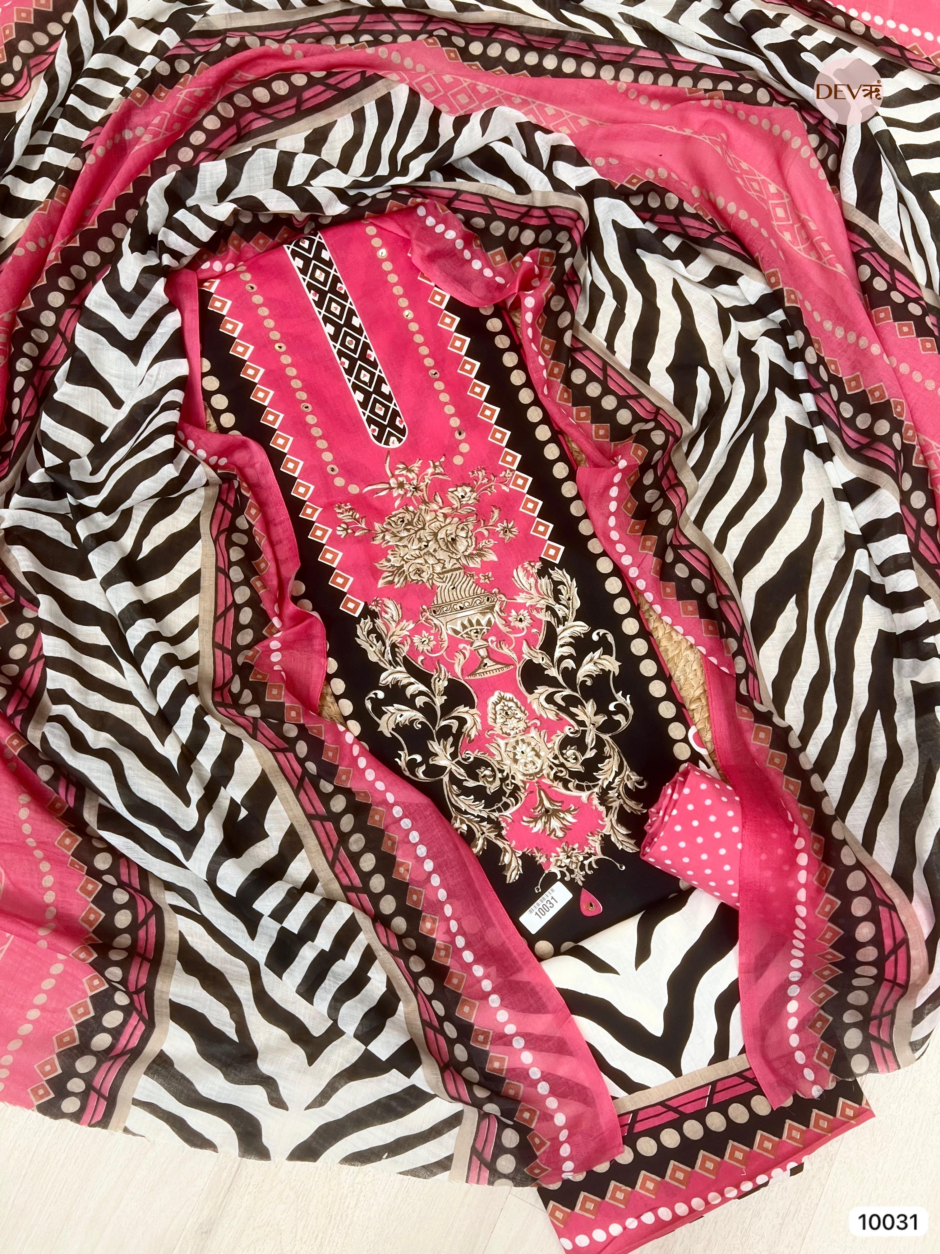 Pink Cotton Printed Unstitched -Set Of 3 - {10031}