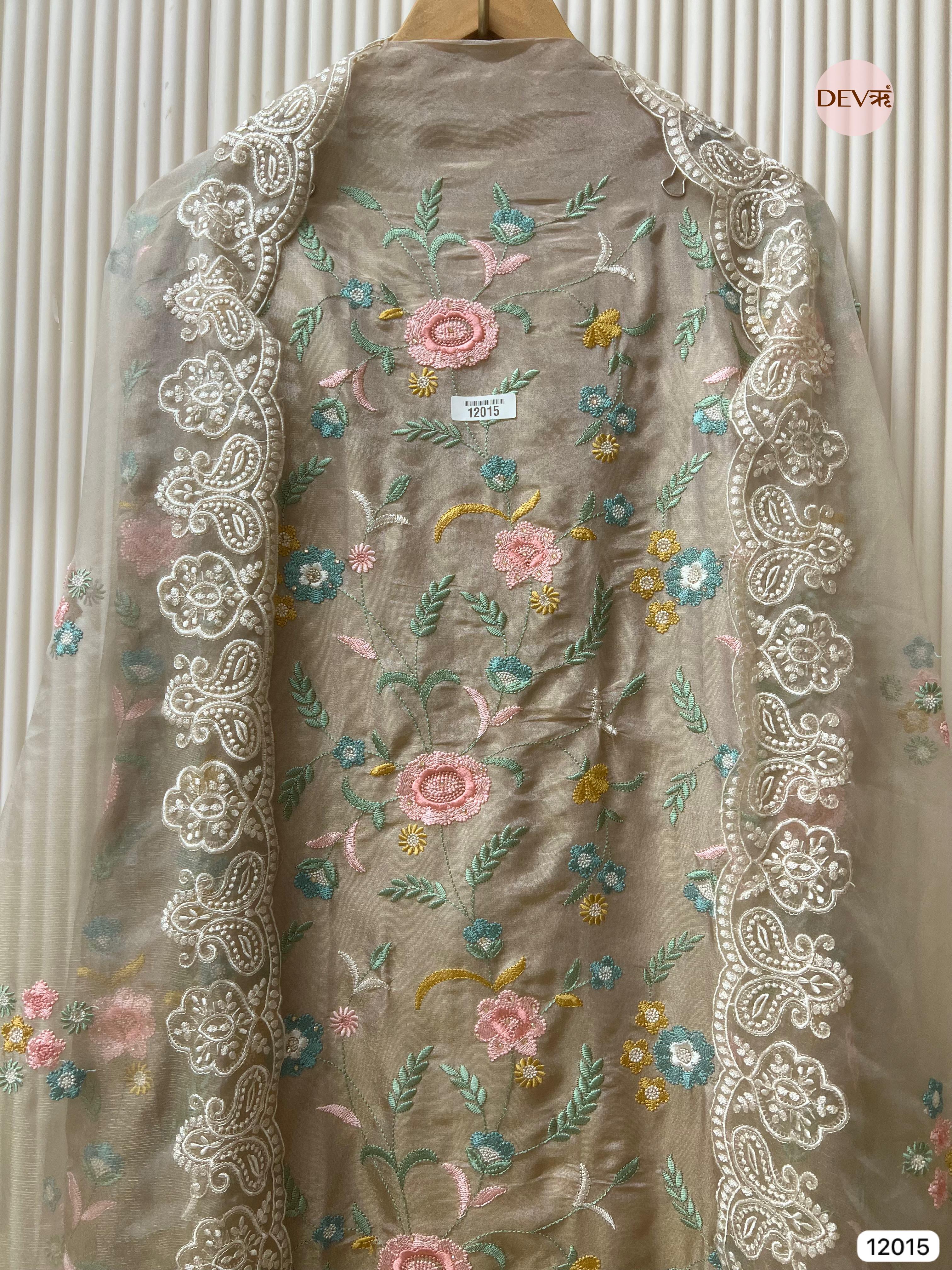 Grey Shimmer Tissue Silk Unstitched Embroidered -Set Of 3 - {12015}