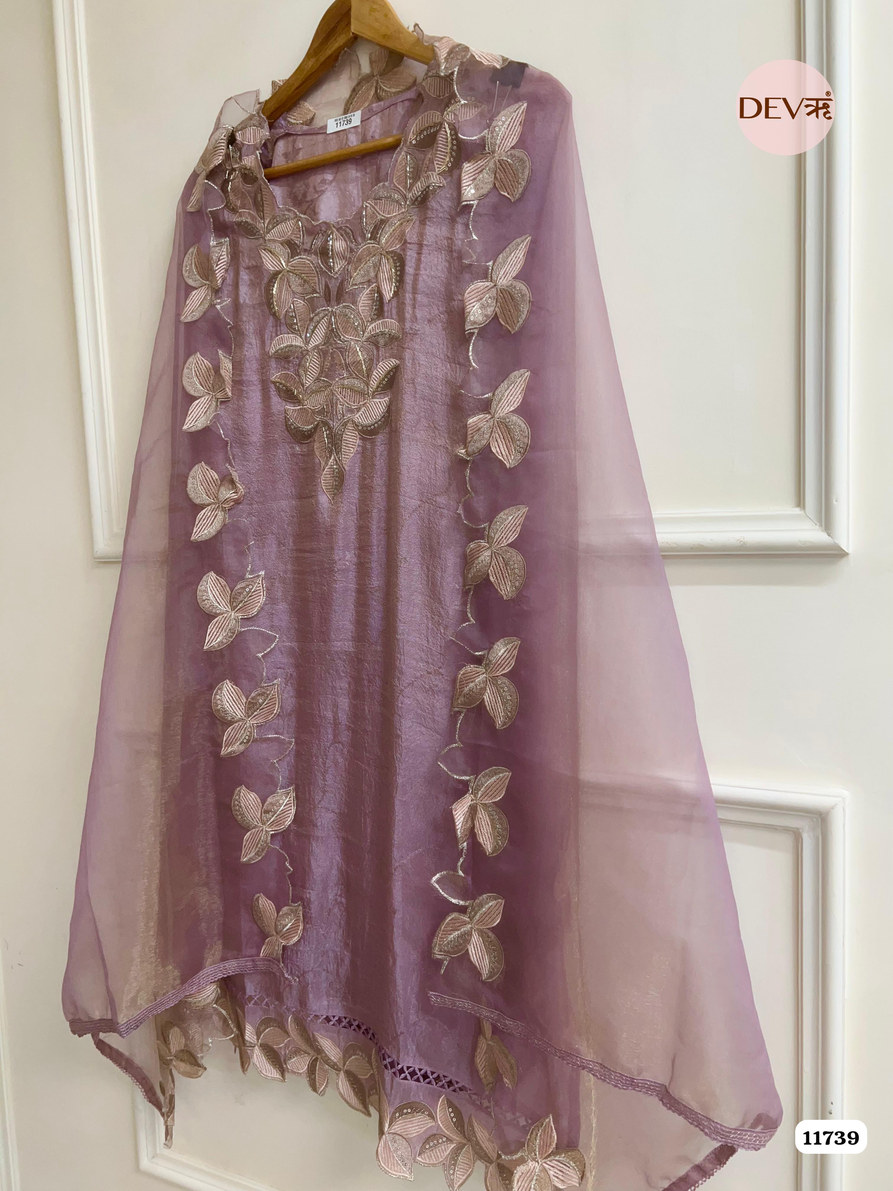 Purple Tissue Silk Woven Unstitched Embroidered -Set Of 3 {11739}