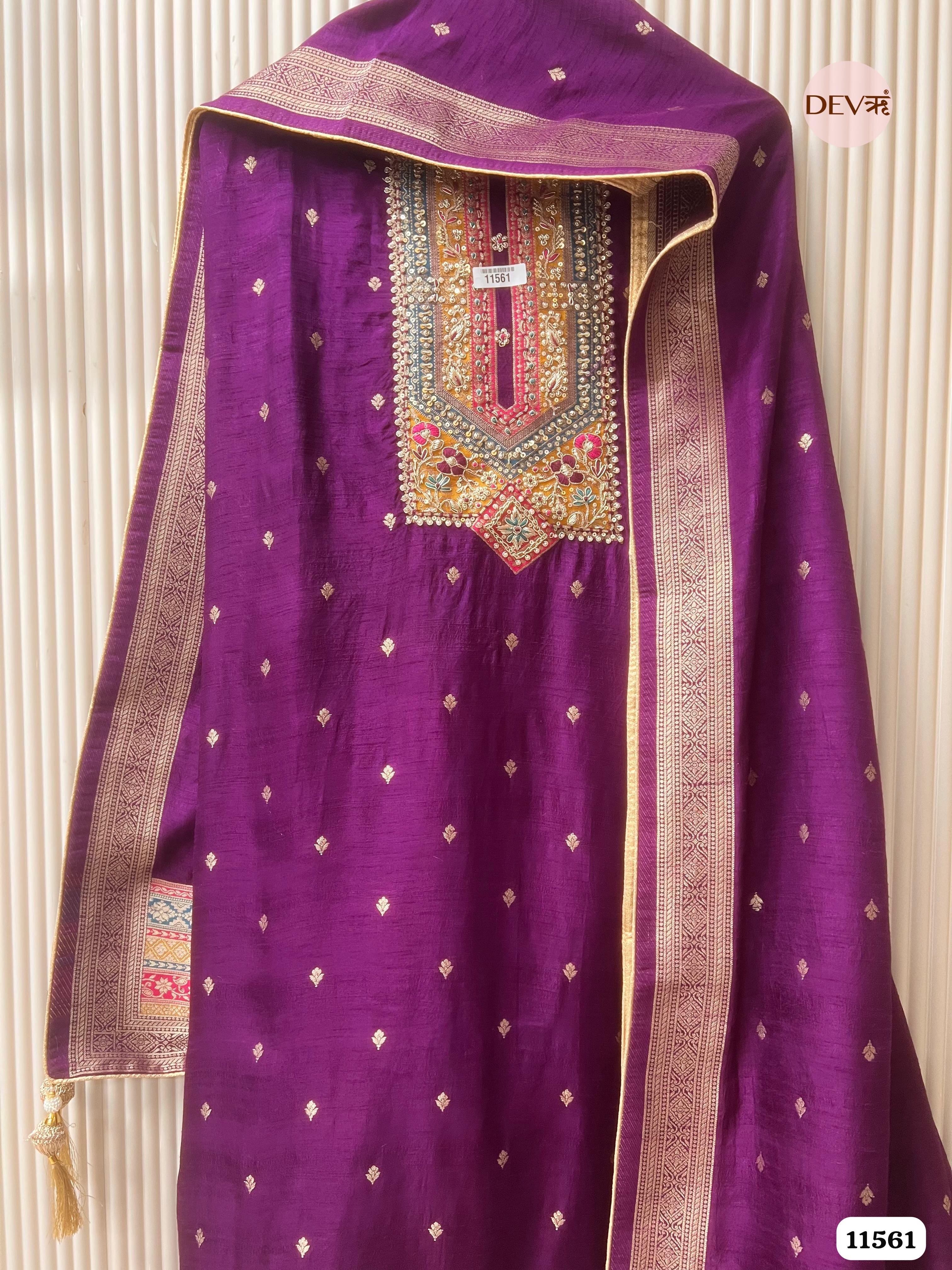 Purple Dola silk Banarasi Weave Unstitched Hand Embroidered -Set Of 3 {11561}