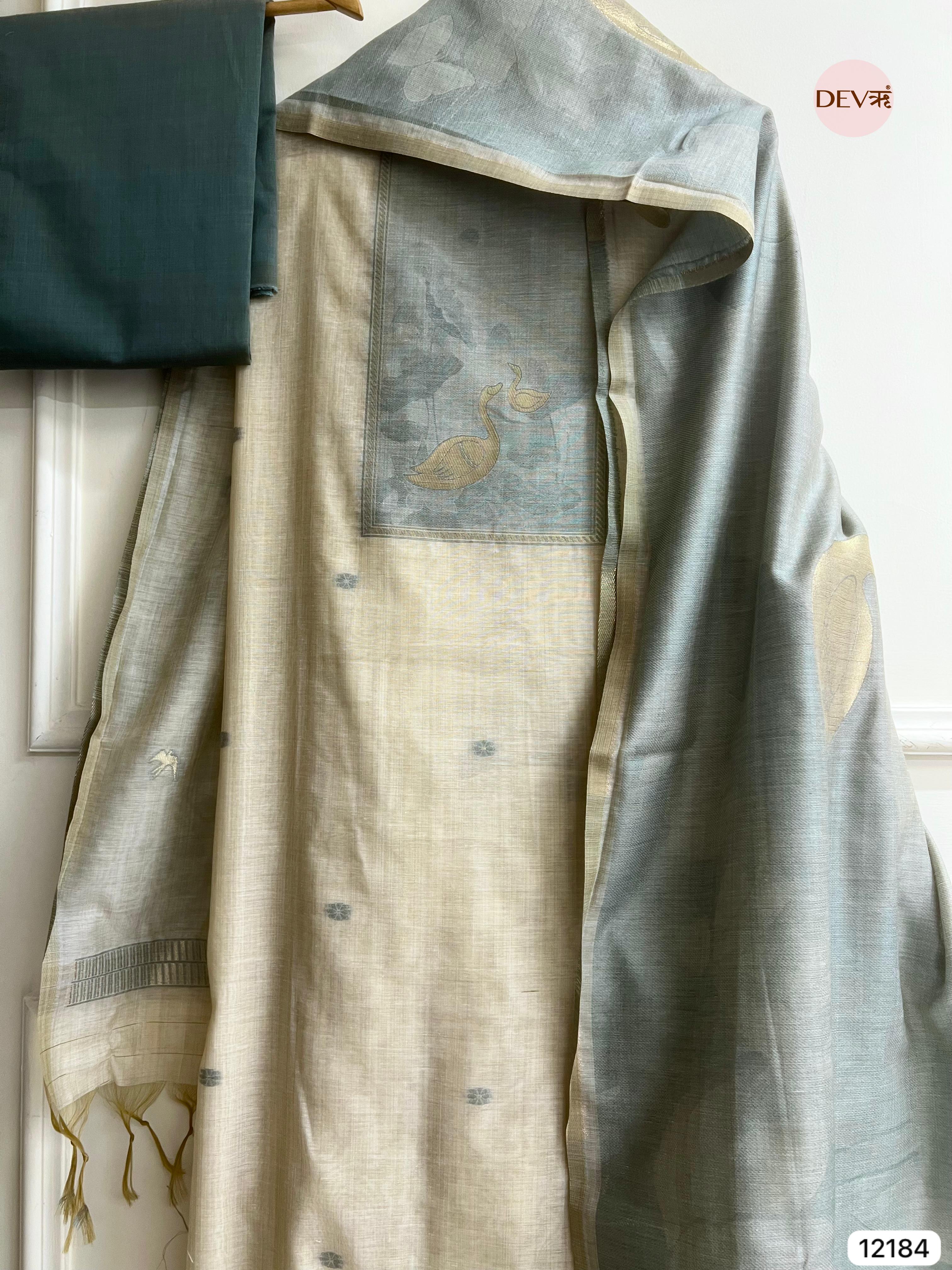 Off White Pure Jamdhani Silk Unstitched Banarasi Woven -Set Of 3 - {12184}