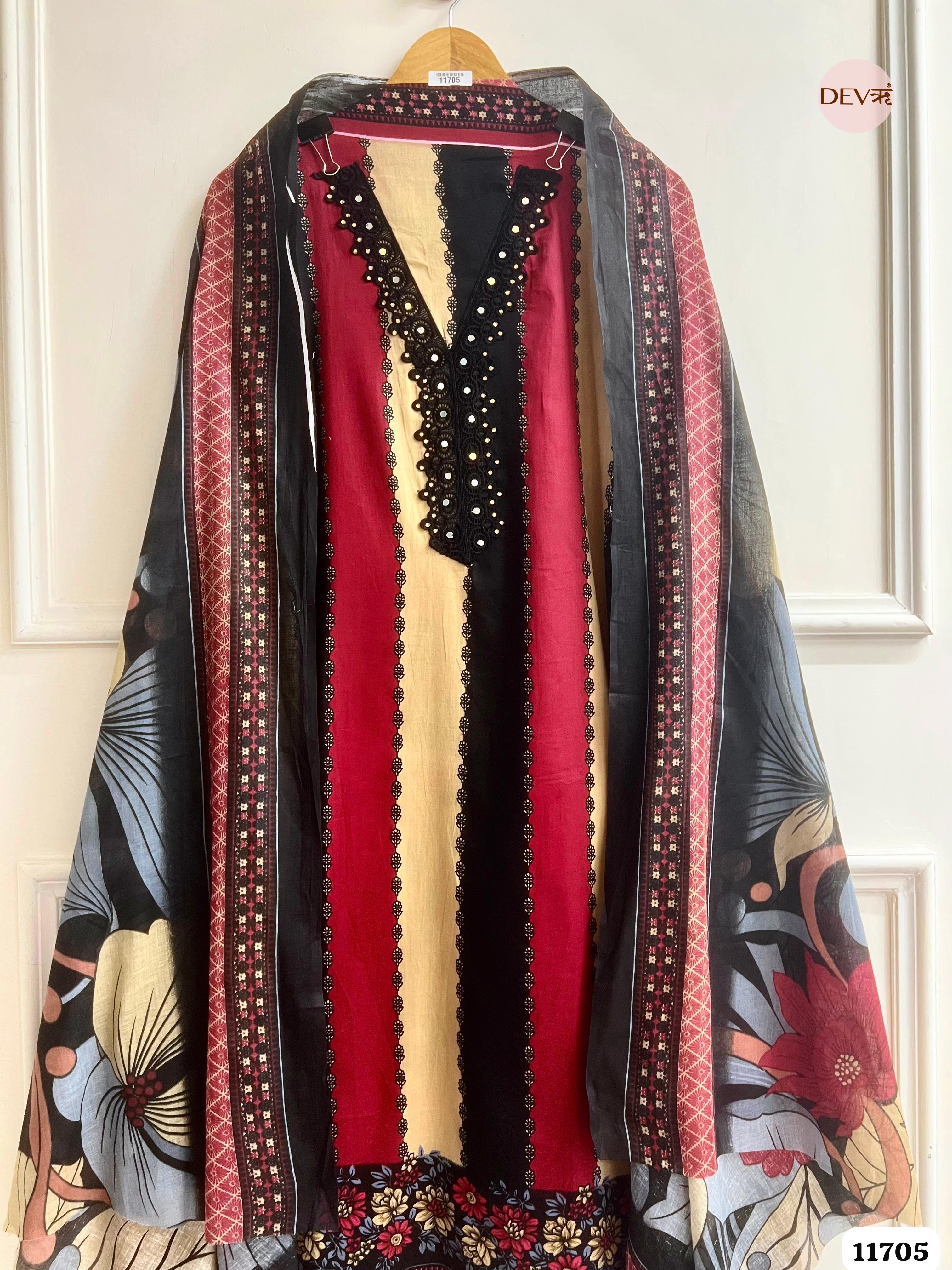 Multi Colour Cotton Unstitched Printed Embroidered -Set Of 3 {11705}