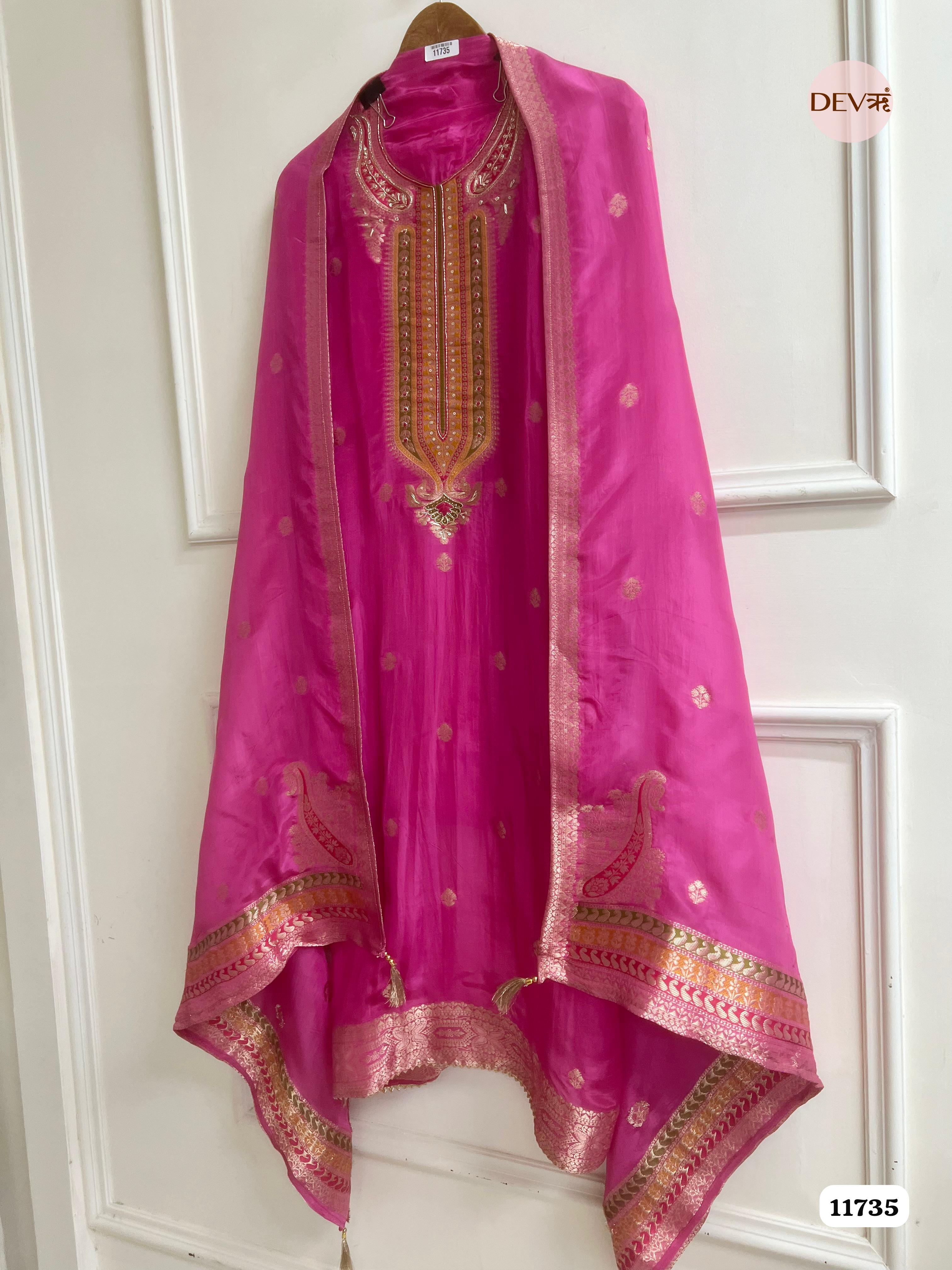 Pink Organza Silk Unstitched Banarasi Weave Hand Embroidered -Set Of 3 {11735}